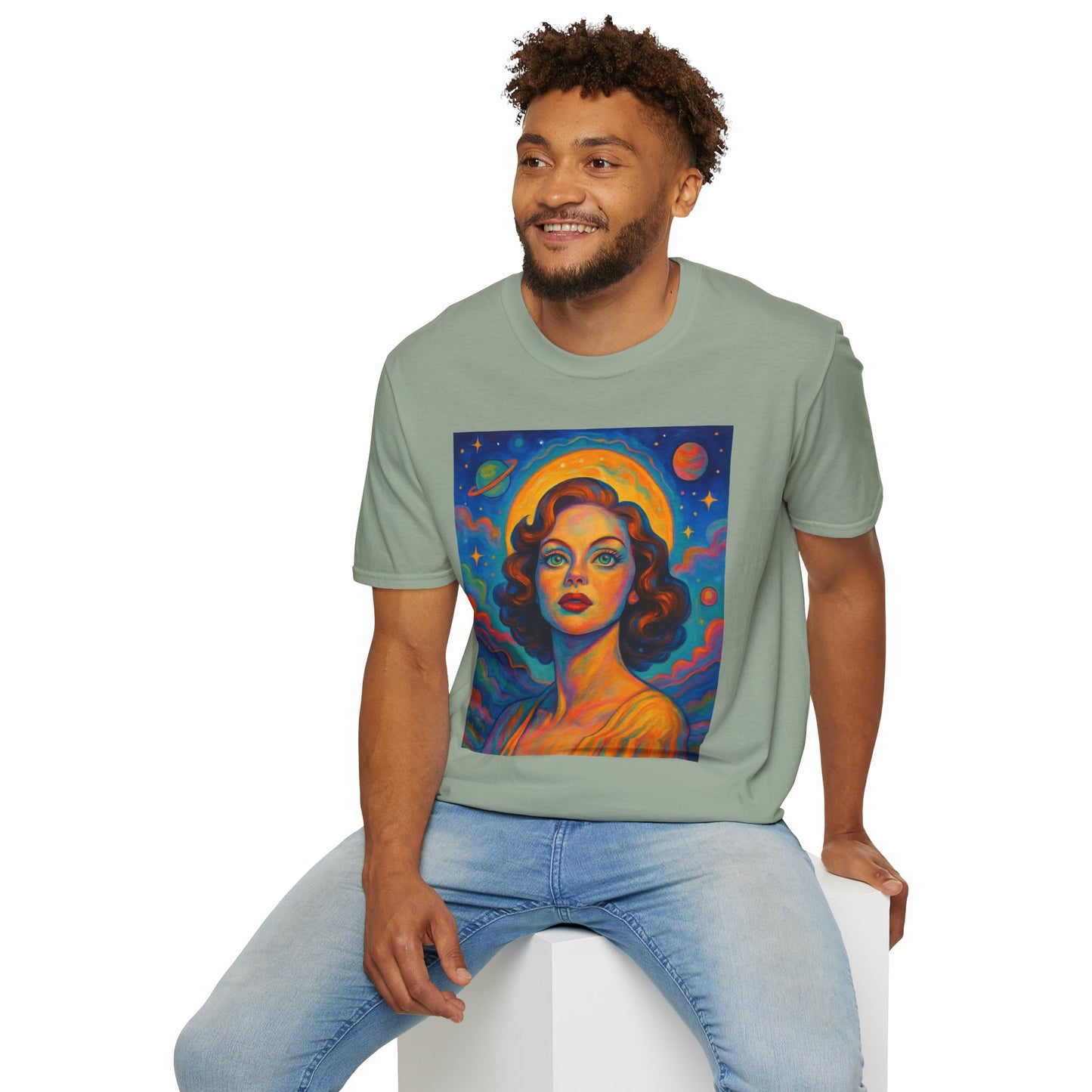 Retro Space Girl T Shirt Vintage Sci Fi Beauty Psychedelic Pop Art Galaxy Babe Tee Gift for Star Gazers Cosmic Fashion Astronaut Dreamwear