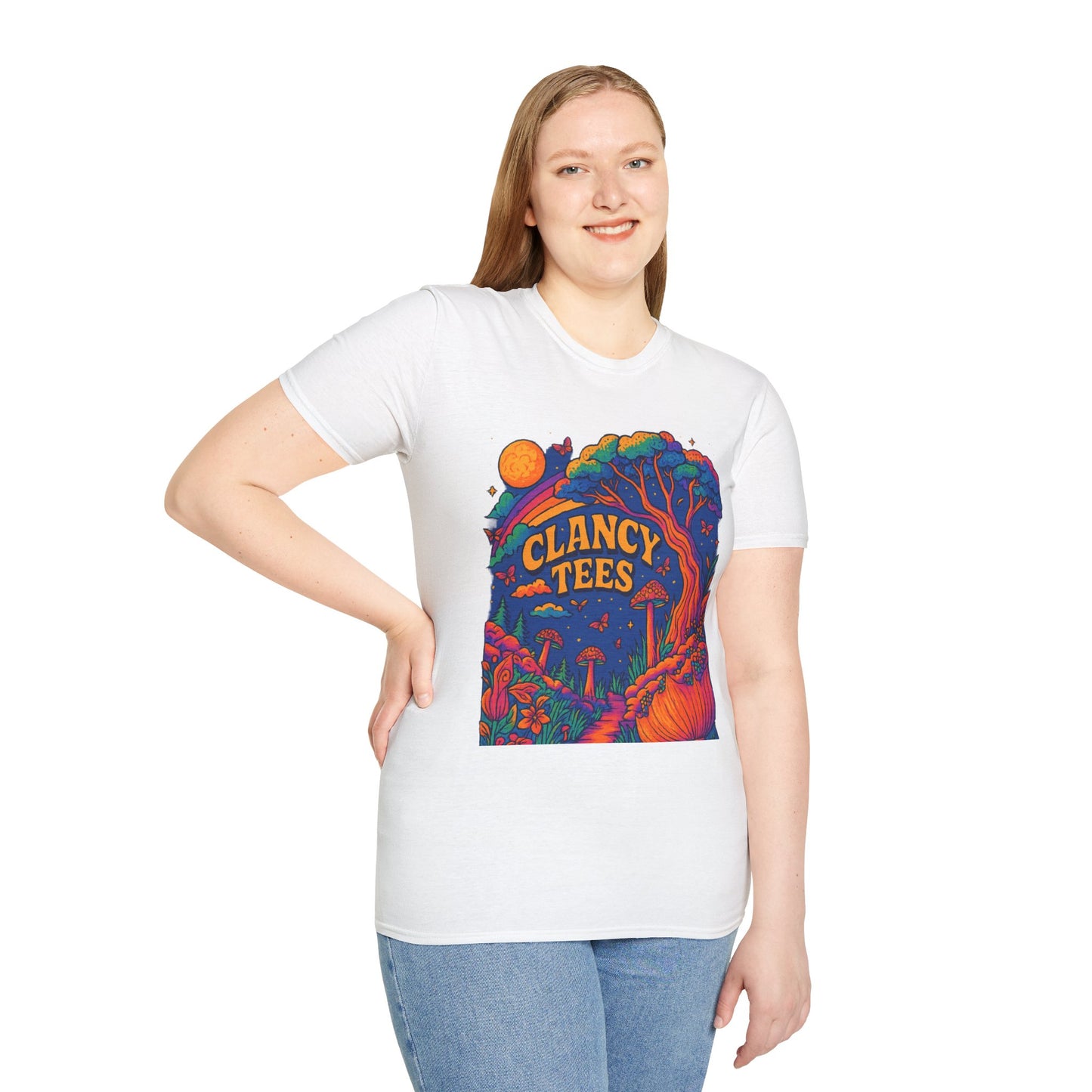 Colorful Nature-Themed Unisex Softstyle T-Shirt - Bohemian Vibe, Perfect for Festivals, Gift for Nature Lovers, Casual Wear, Clancy Tees