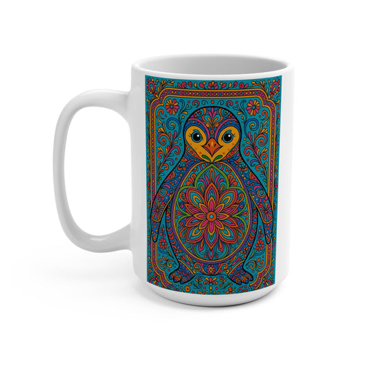 Colorful Penguin Mandala Mug Psychedelic Animal Art Coffee Cup Unique Ceramic Gift For Nature Lovers