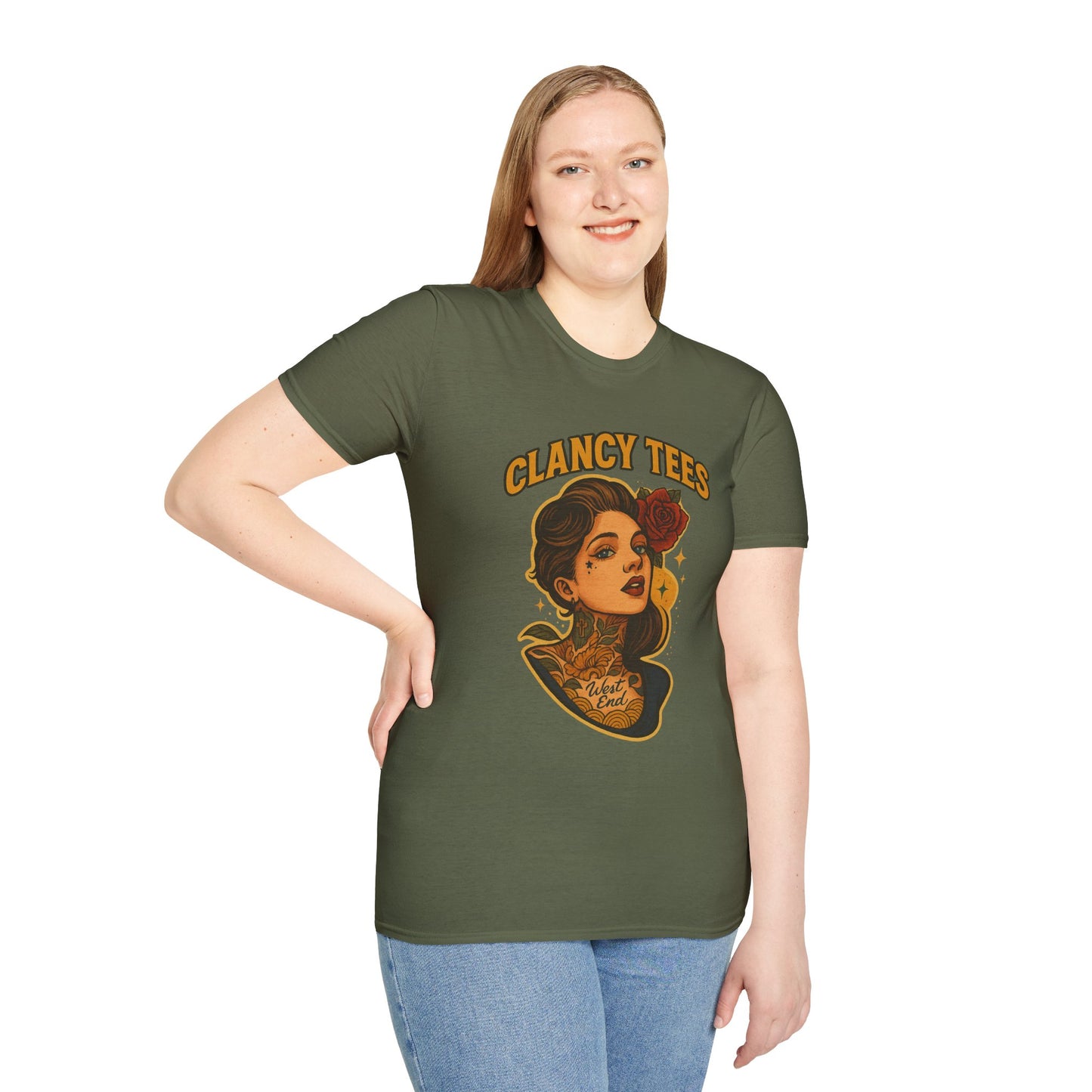 Vintage Tattoo-Inspired Unisex Softstyle T-Shirt, Unique Graphic Tee, Casual Statement Shirt, Perfect Gift for Friends & Festivals