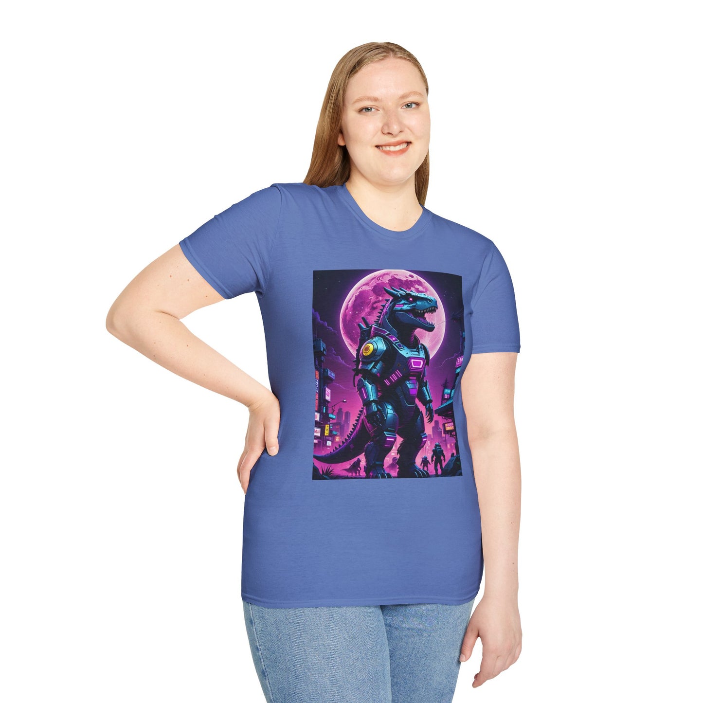 Cyberpunk Dinosaur T Shirt Neon Retro Graphic Tee Futuristic Monster Artwork Top Gift for Sci Fi Fans