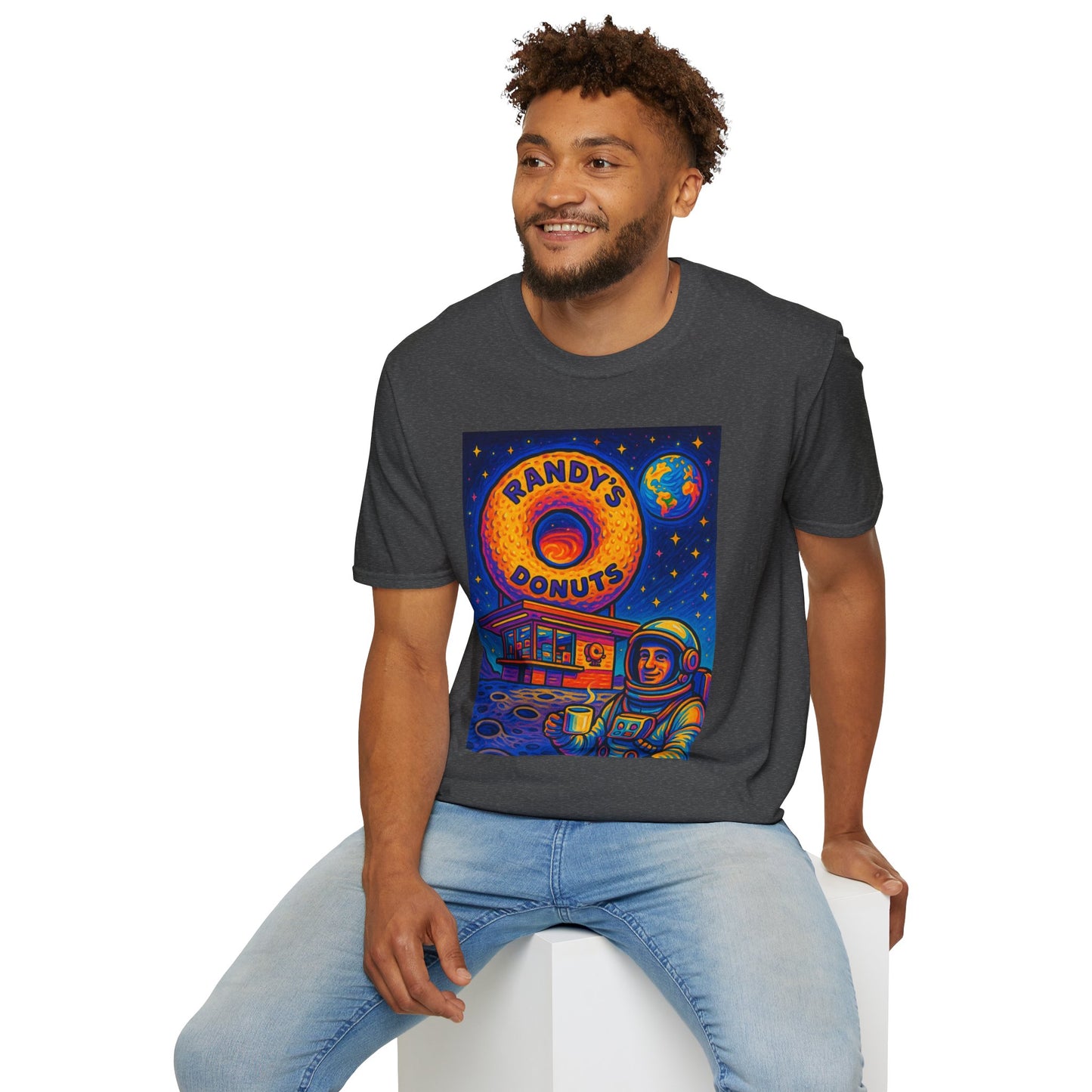 Space Donut T-Shirt – Retro Sci-Fi Astronaut Holding Coffee on the Moon – Gift for Foodies, Dreamers, and Outer Space Humor Fans