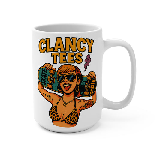 Skater Girl Coffee Mug Funny 15oz Ceramic Cup Retro Tattoo Art Gift For Skateboarding Fans Bold Humor Morning Drinkware Unique ClancyTees Design