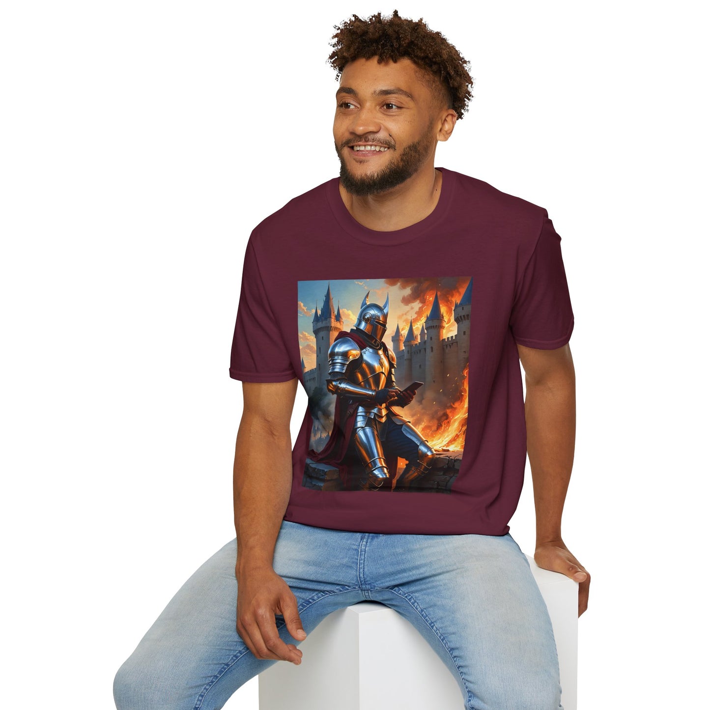 Knight in Burning Castle Shirt – Dark Fantasy Armor Tee – Gift for RPG Fans, Medieval Nerds, and Apocalyptic History Buffs