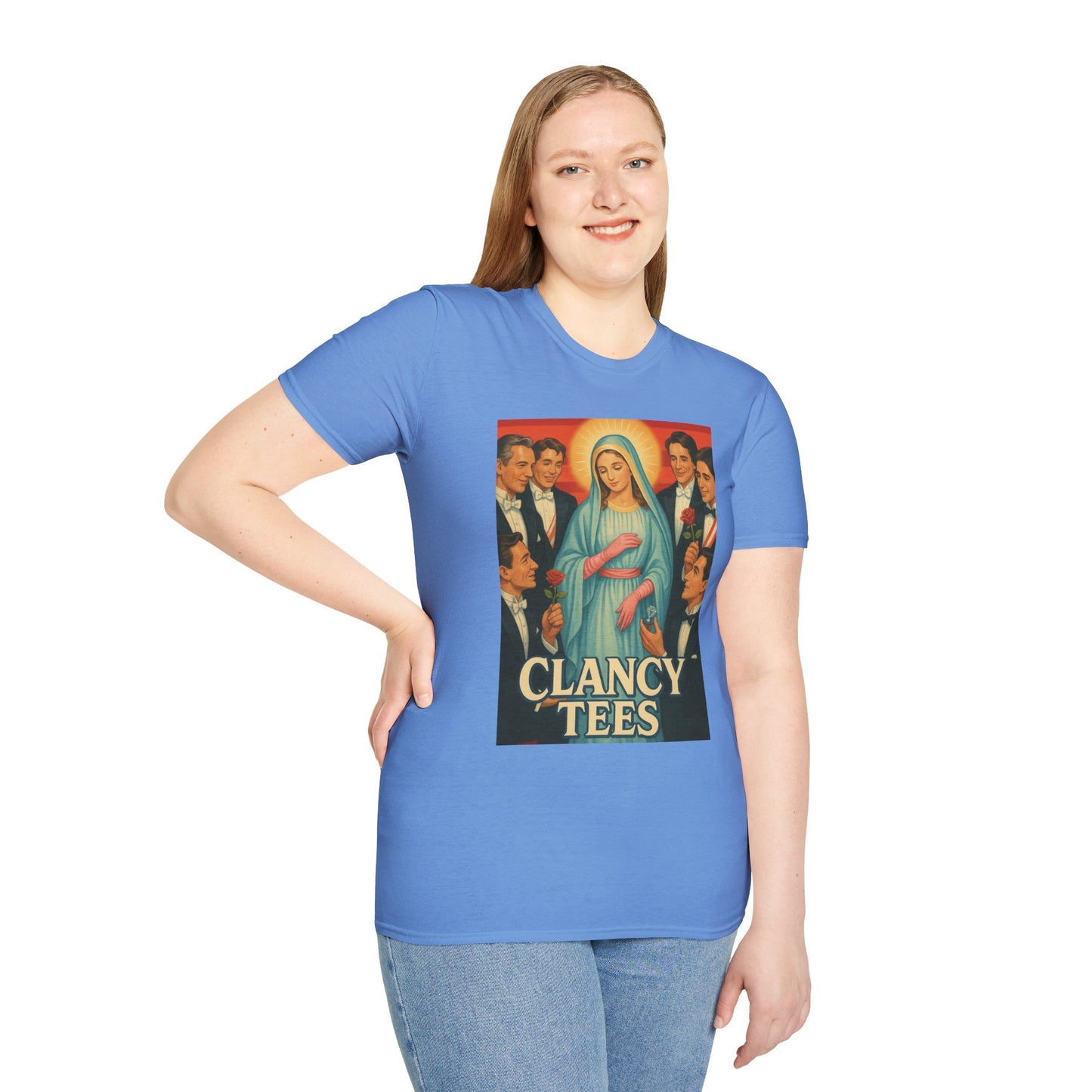 Vintage Madonna Graphic Tee, Unisex Virgin Mary Softstyle T-Shirt, Retro Art Shirt, Gift for Artsy Friends, Festival Attire, Casual Wear