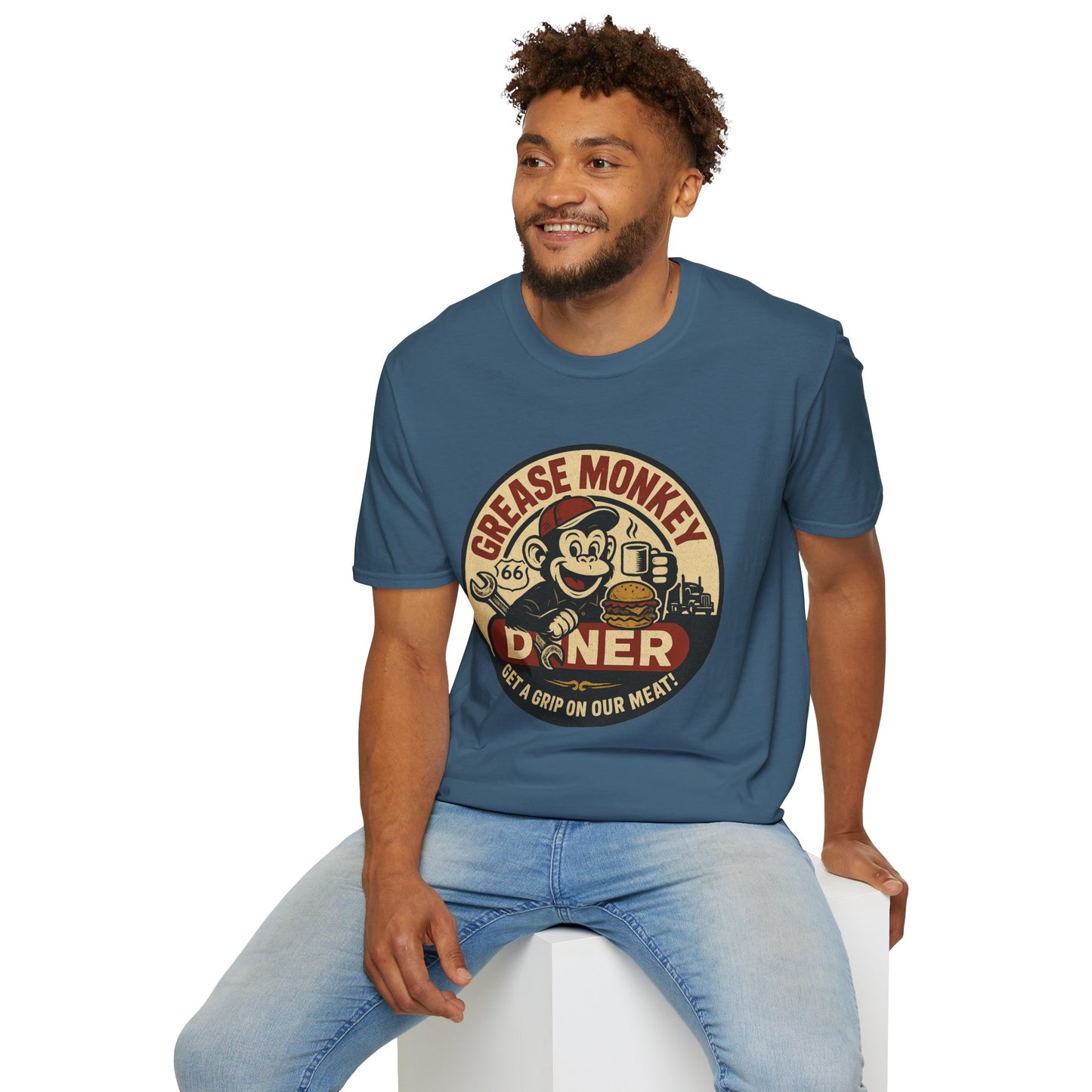 Grease Monkey Diner T-Shirt – Retro Mechanic Mascot Tee – Funny Vintage Roadside Shirt Gift for Car Guys, Grill Masters, and Route 66 Road Trip Fans