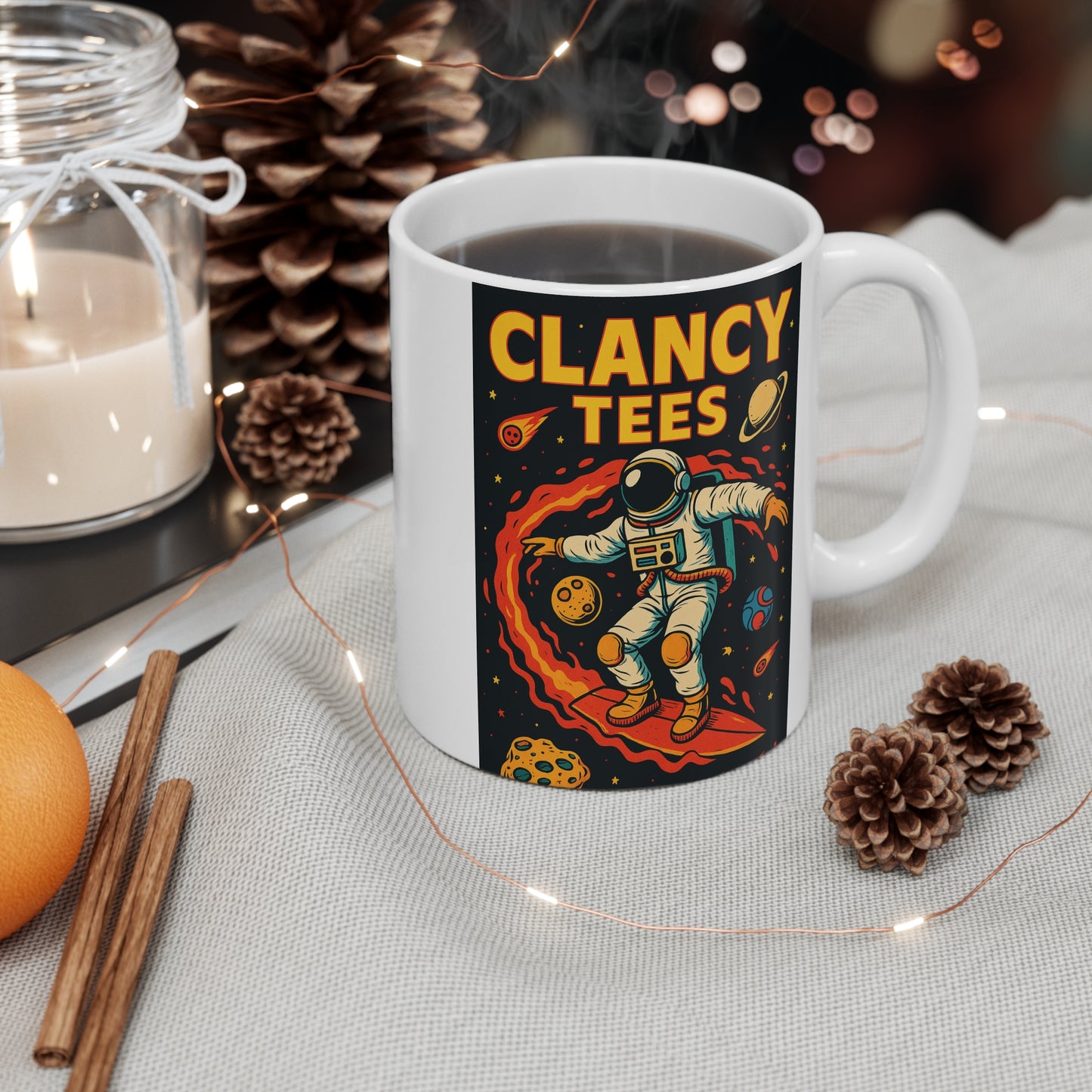 Astronaut Cosmic Coffee Mug Clancy Tees Space Explorer Ceramic Mug Galaxy Surfer Gift For Stargazers