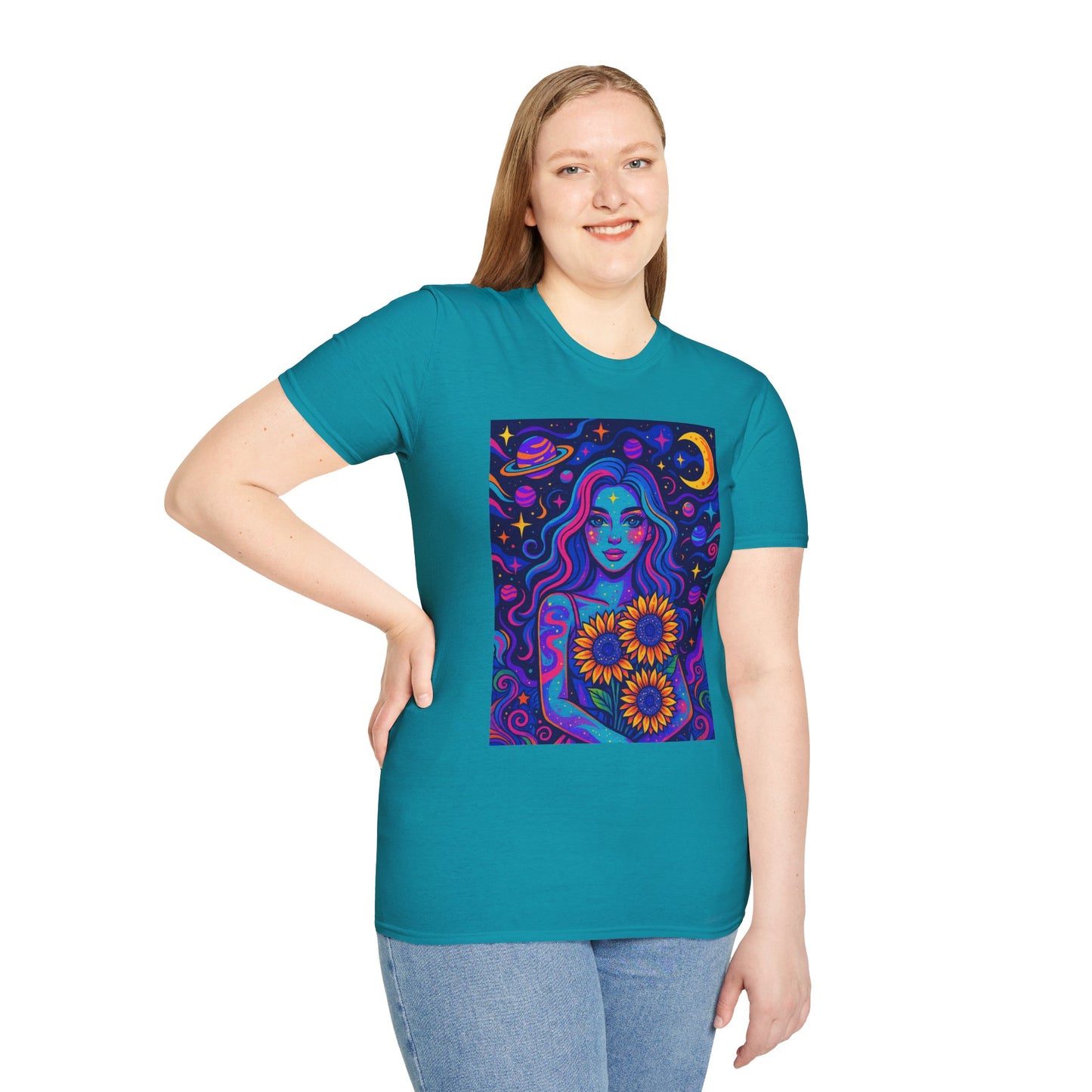 Psychedelic Sunflower Girl Shirt Trippy Space Goddess Tee Gift for Astrology Lovers Cosmic Art T Shirt for Hippies Star Gazers and Moon Magic Fans