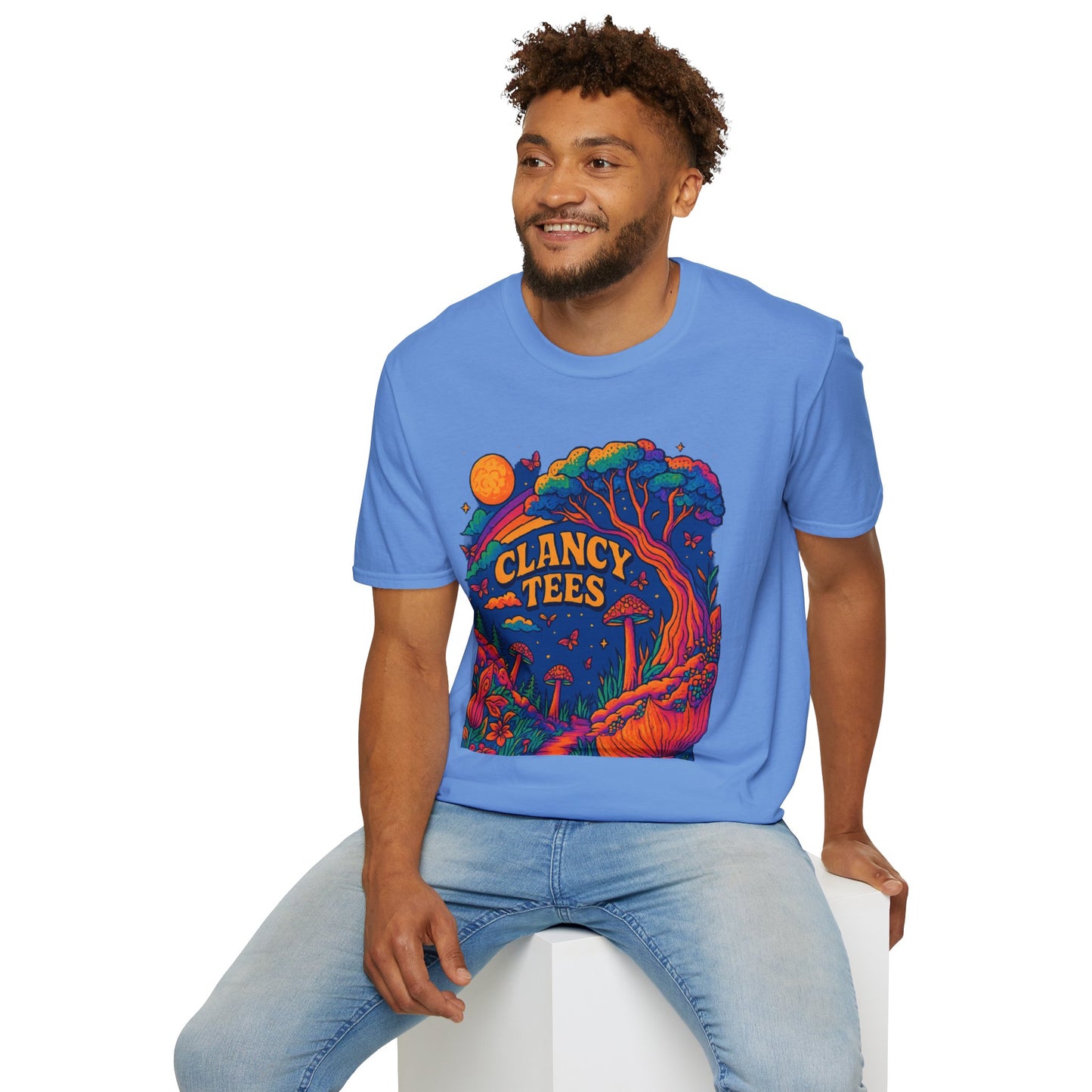 Colorful Nature-Themed Unisex Softstyle T-Shirt - Bohemian Vibe, Perfect for Festivals, Gift for Nature Lovers, Casual Wear, Clancy Tees