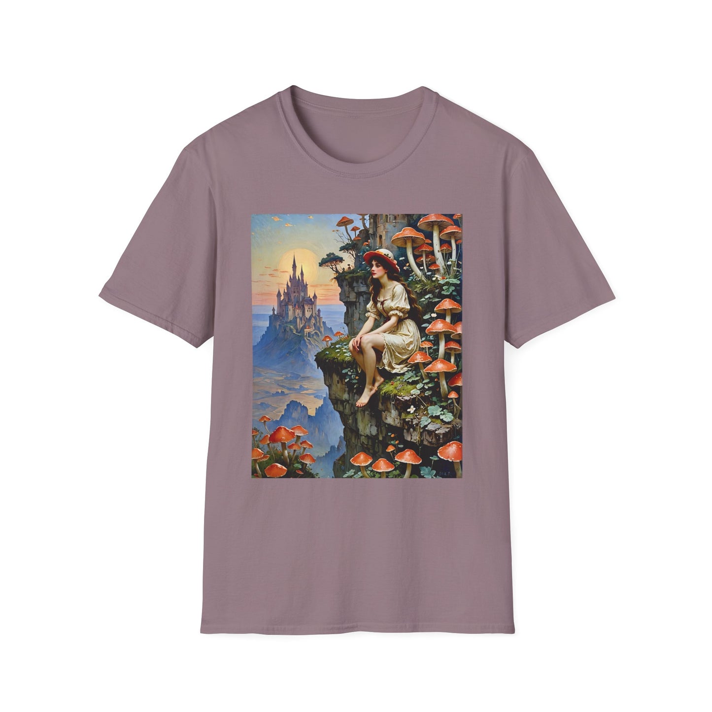 Fantasy Mushroom Fairy T-Shirt Enchanted Castle Cliffside Tee Surreal Magic Art Shirt Gift for Fantasy Fans Gift for Dreamers Psychedelic Nature Tee