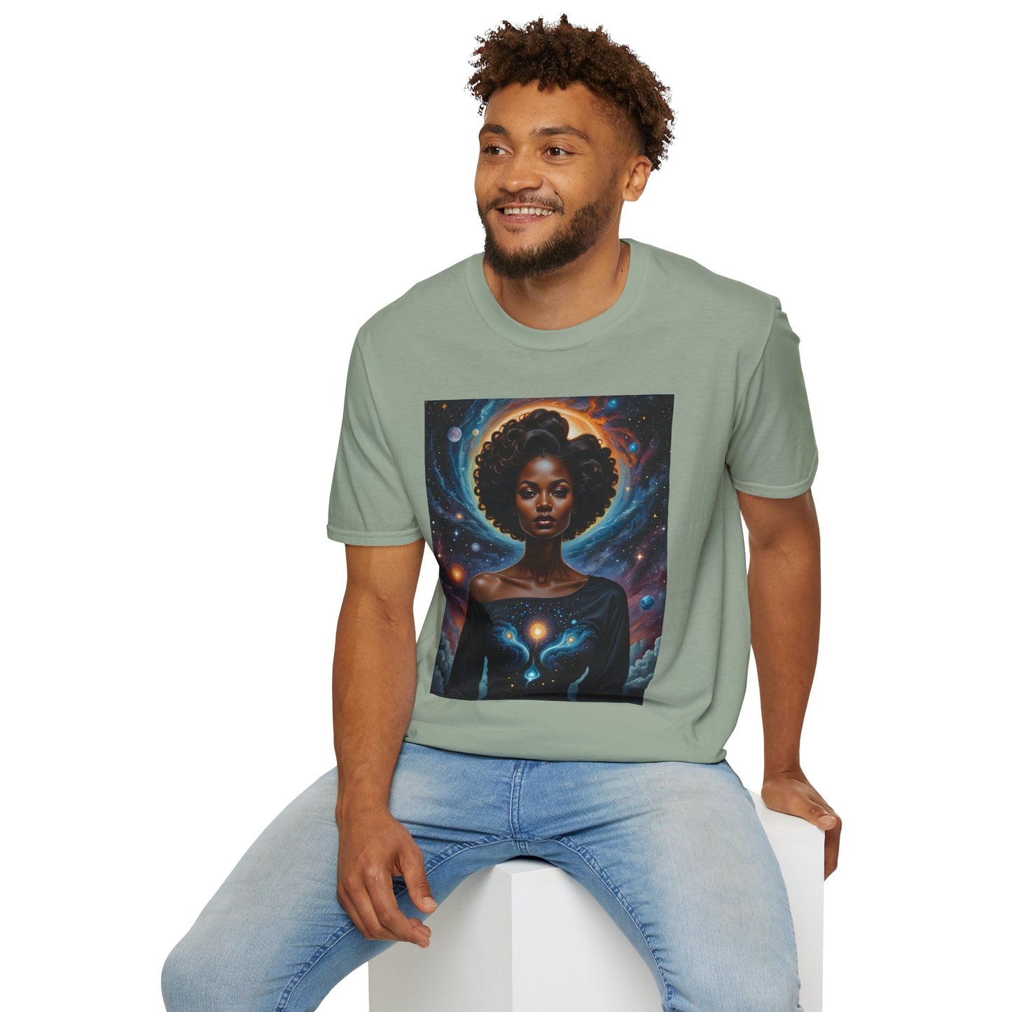 Afrofuturist Cosmic Energy T-Shirt – Celestial Power Graphic Tee, Spiritual Galaxy Shirt, Gift for Astrology Fans, Vibrant Universe Artwork