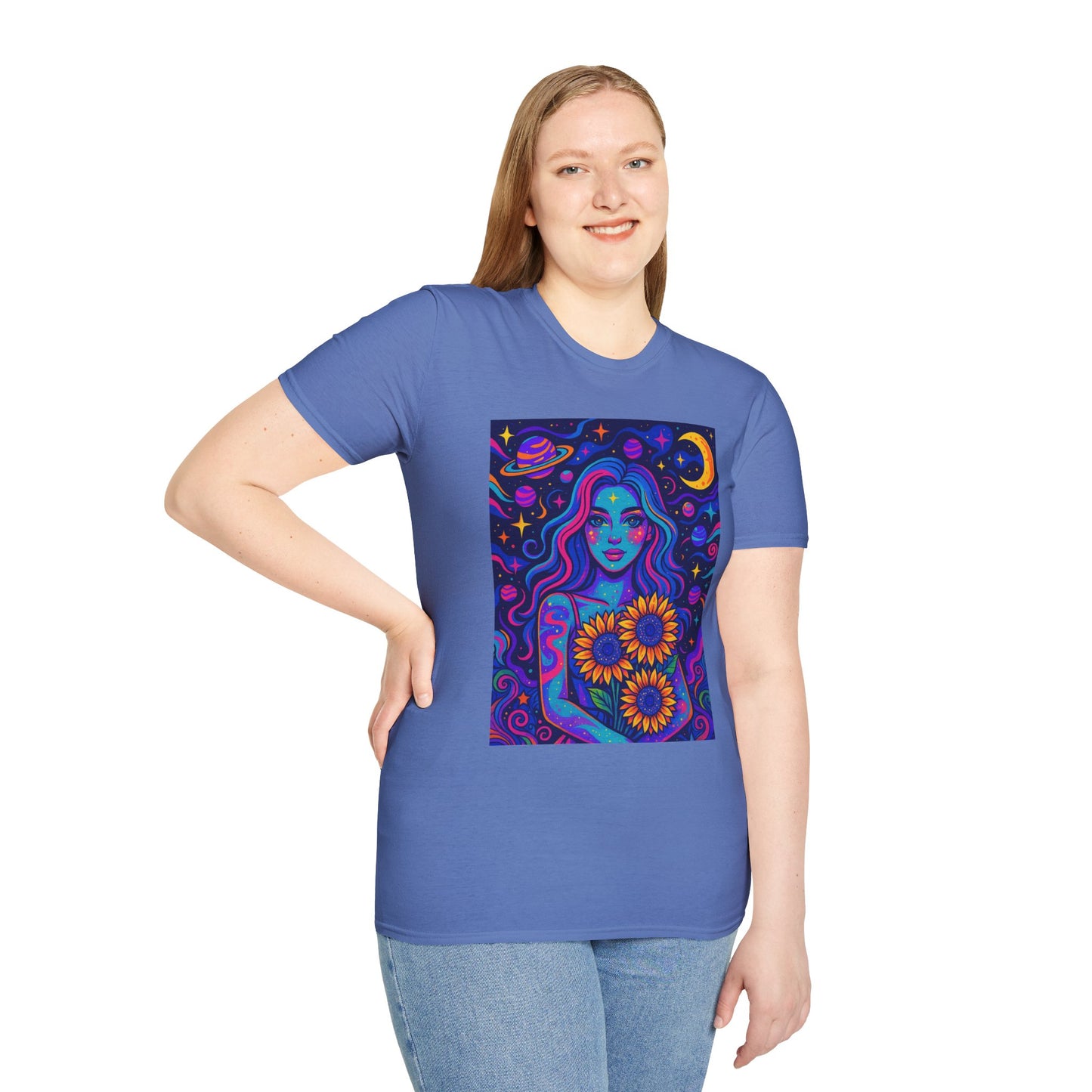 Psychedelic Sunflower Girl Shirt Trippy Space Goddess Tee Gift for Astrology Lovers Cosmic Art T Shirt for Hippies Star Gazers and Moon Magic Fans