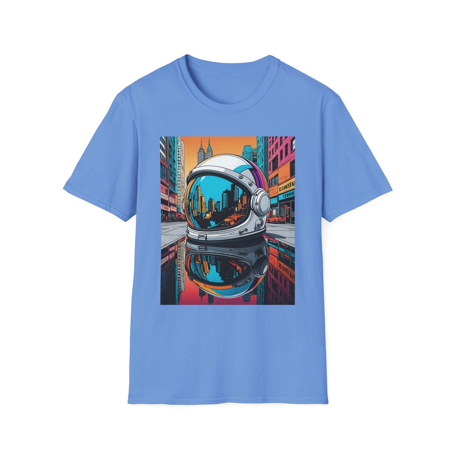 City Astronaut Reflection T-Shirt – Urban Space Art Tee – Gift for Sci-Fi Fans, Streetwear Addicts, and Cosmic Daydreamers
