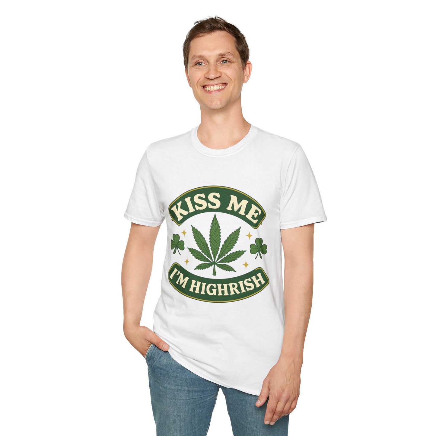 Kiss Me I’m Highrish Shirt – Funny Weed St. Patrick’s Day Tee – Cannabis Leaf Irish Parody Shirt – Gift for Stoner Friends and Green Beer Fans