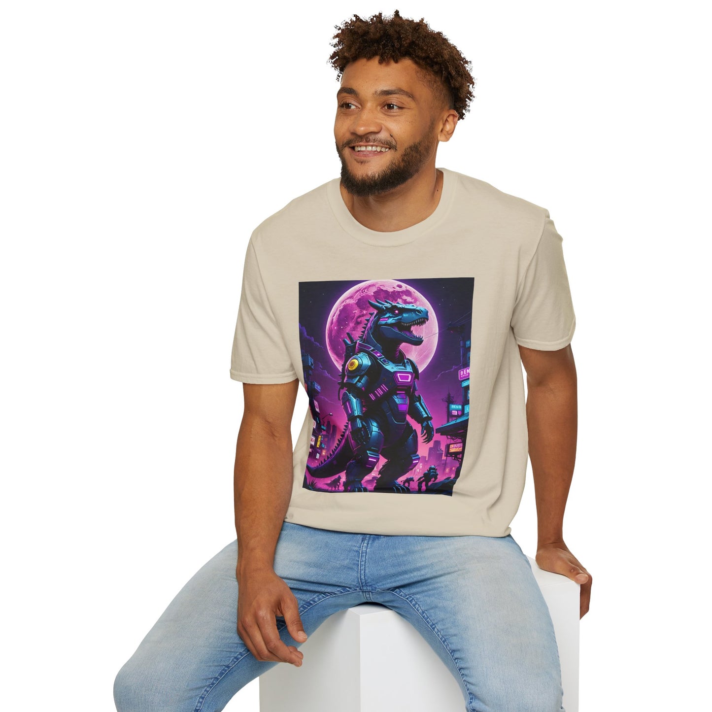 Cyberpunk Dinosaur T Shirt Neon Retro Graphic Tee Futuristic Monster Artwork Top Gift for Sci Fi Fans