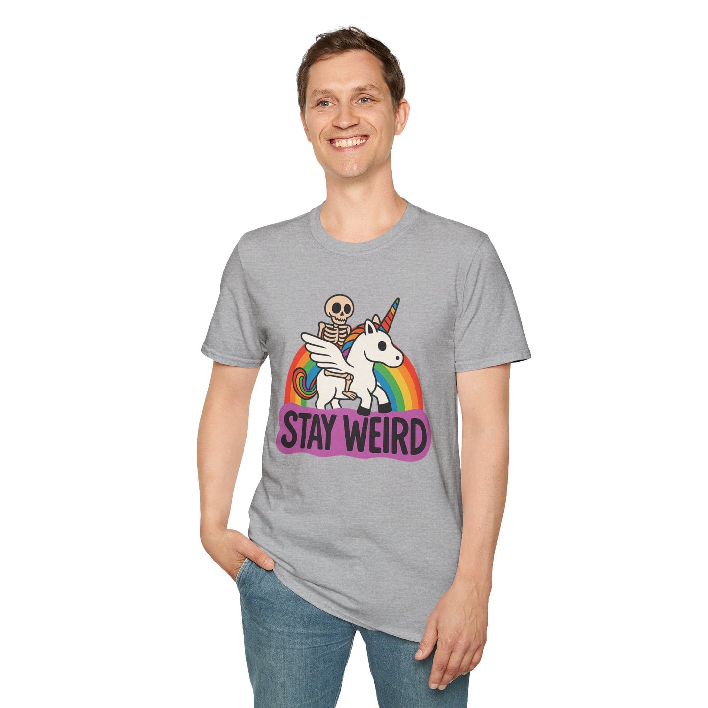 Stay Weird Skeleton Unicorn Shirt – Funny Rainbow Graphic Tee – Whimsical Weirdcore Clothing – Gift for Quirky Friends and Oddball Souls