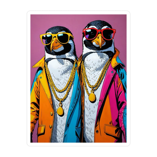 Cool Penguin Duo Sticker – Kiss Cut Vinyl Decal, Funny Animal Artwork, Retro Streetwear Aesthetic, Gift for Humor Lovers
