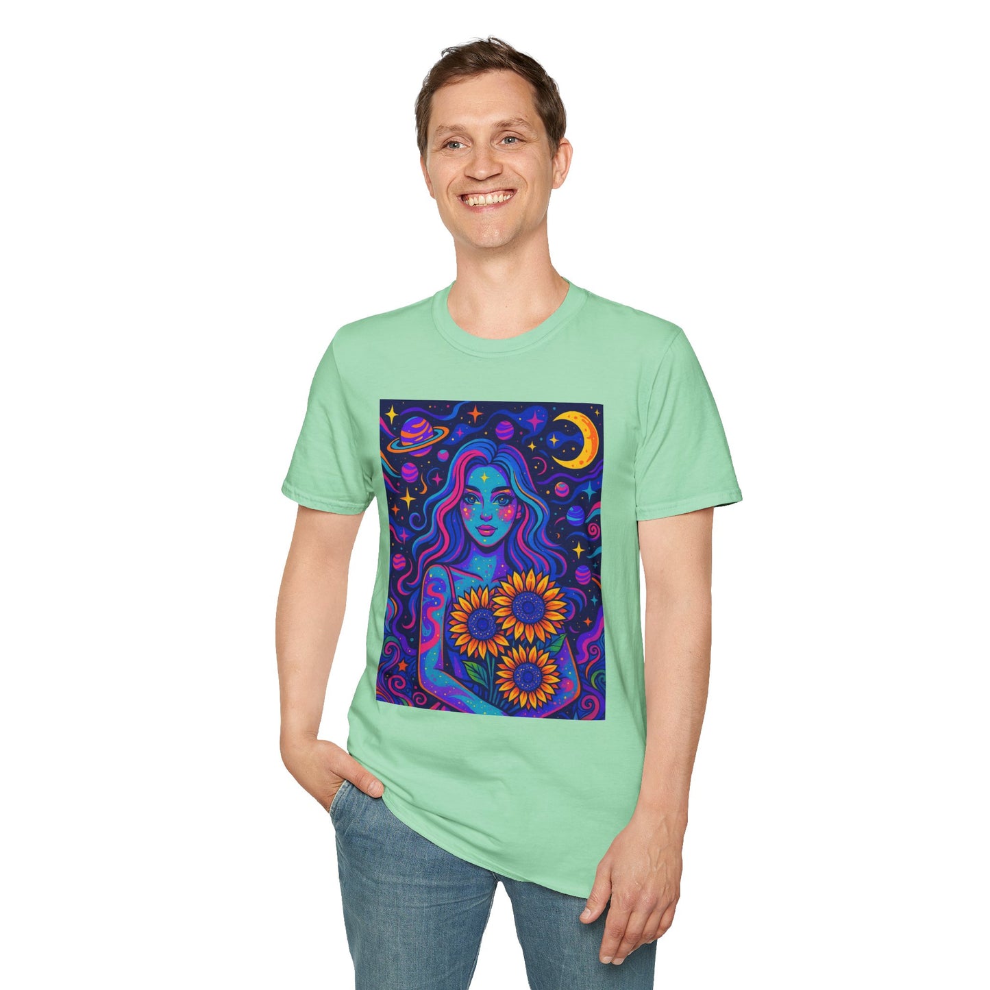 Psychedelic Sunflower Girl Shirt Trippy Space Goddess Tee Gift for Astrology Lovers Cosmic Art T Shirt for Hippies Star Gazers and Moon Magic Fans