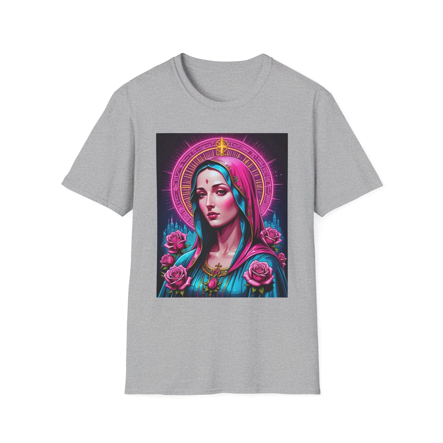 Religious Graphic Tee - Vibrant Mary Artwork, Gift for Devotees, Floral Design Shirt, Faith-Inspired Apparel, Everyday Wear