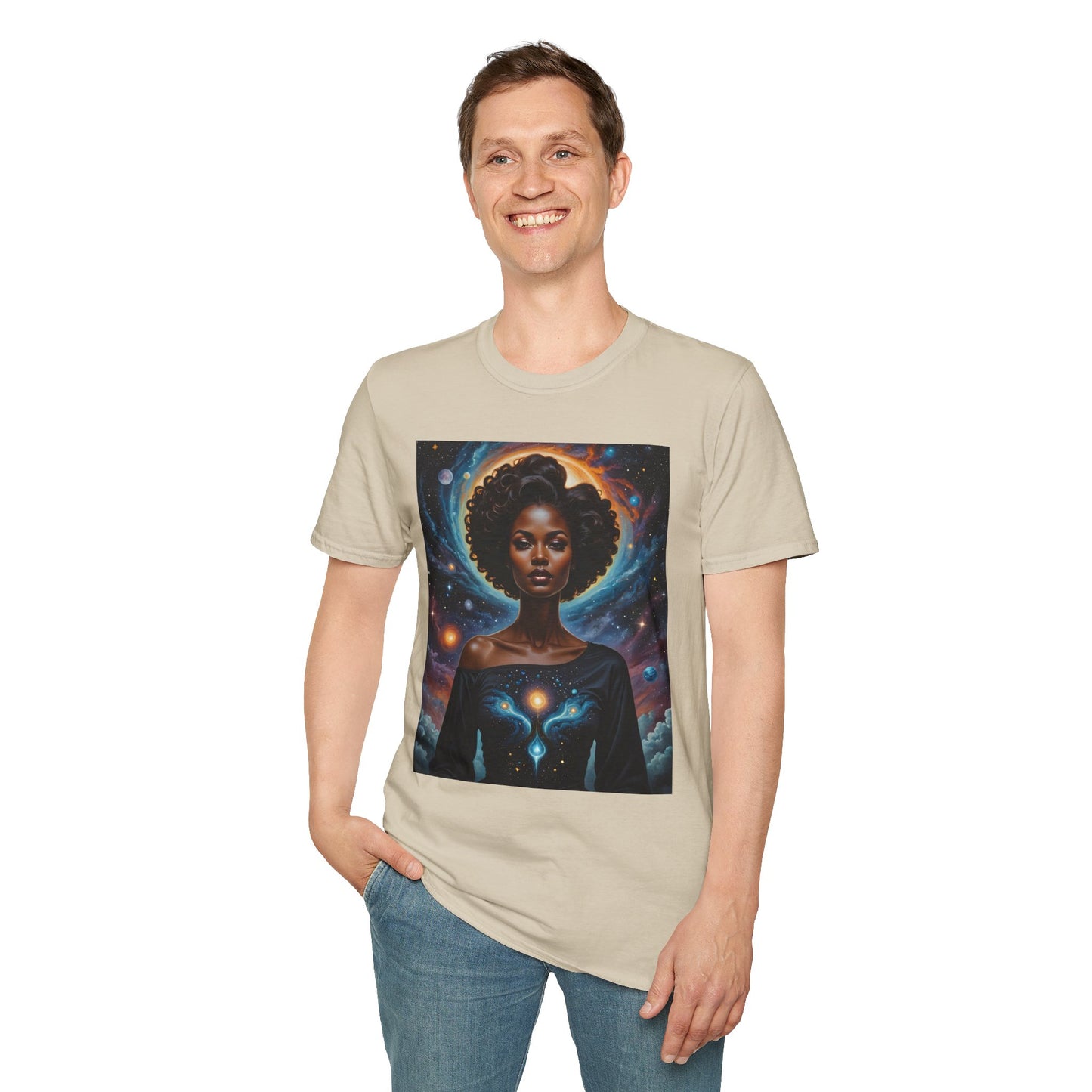 Afrofuturist Cosmic Energy T-Shirt – Celestial Power Graphic Tee, Spiritual Galaxy Shirt, Gift for Astrology Fans, Vibrant Universe Artwork
