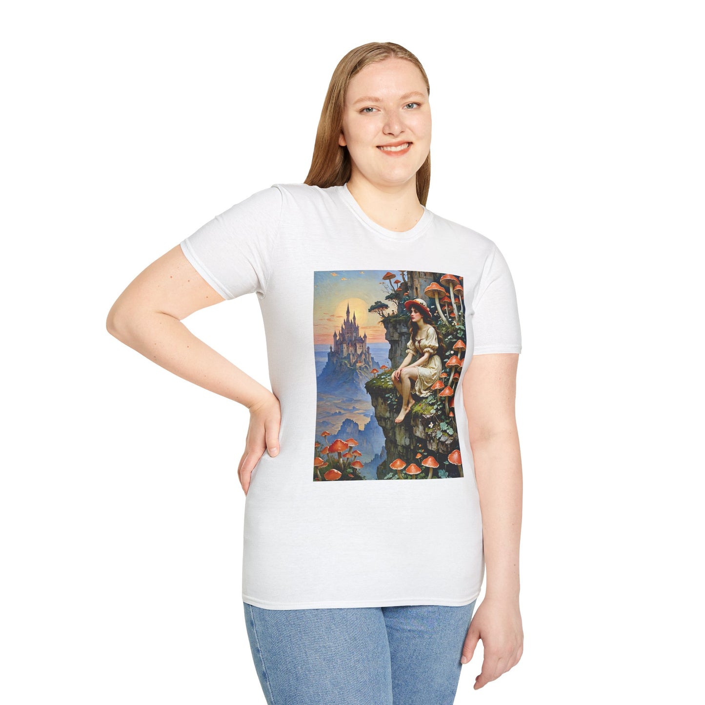 Fantasy Mushroom Fairy T-Shirt Enchanted Castle Cliffside Tee Surreal Magic Art Shirt Gift for Fantasy Fans Gift for Dreamers Psychedelic Nature Tee