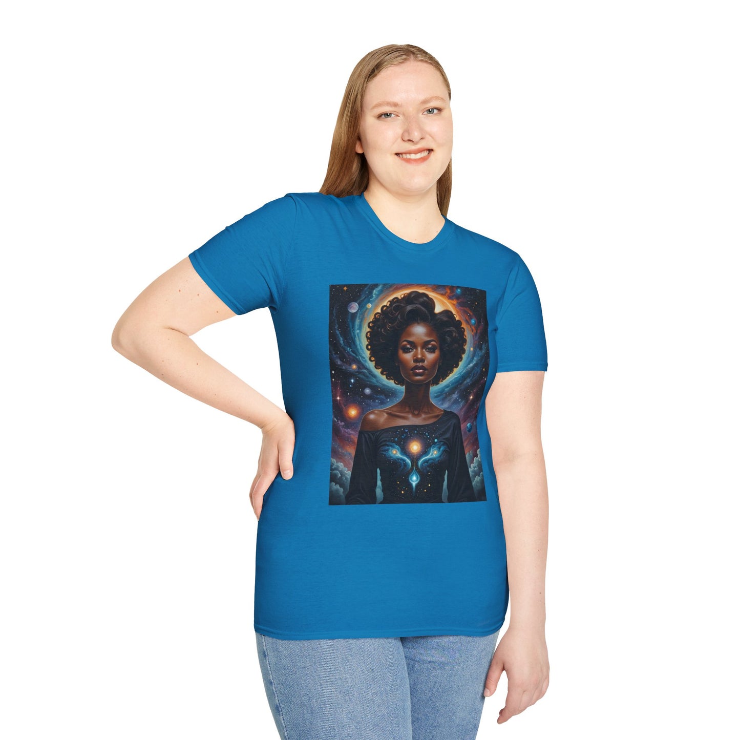Afrofuturist Cosmic Energy T-Shirt – Celestial Power Graphic Tee, Spiritual Galaxy Shirt, Gift for Astrology Fans, Vibrant Universe Artwork