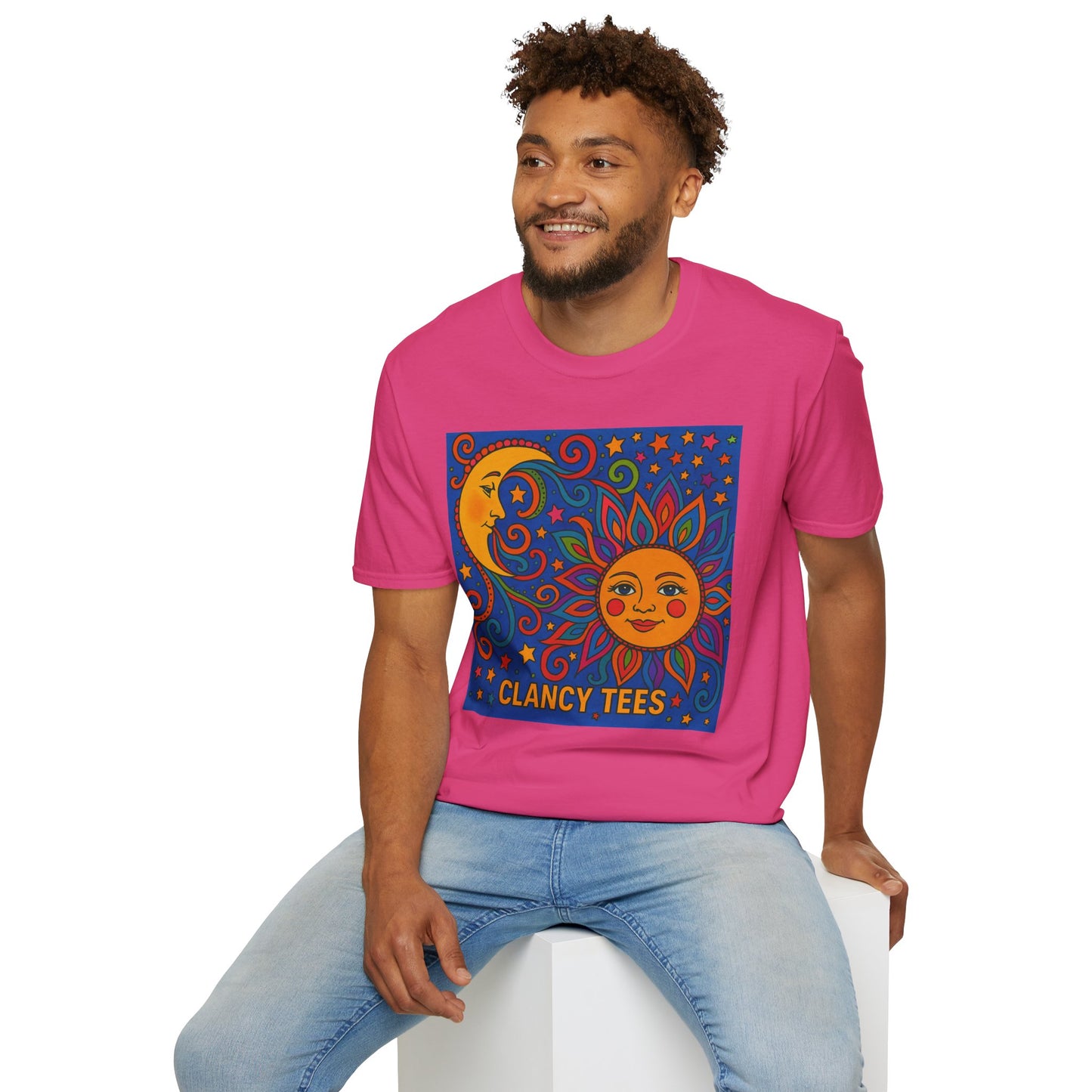 Sun and Moon Vibrant Tee, Unisex Softstyle T-Shirt for Summer Vibes, Boho Fashion, Gift for Her, Festival Wear, Casual Wear