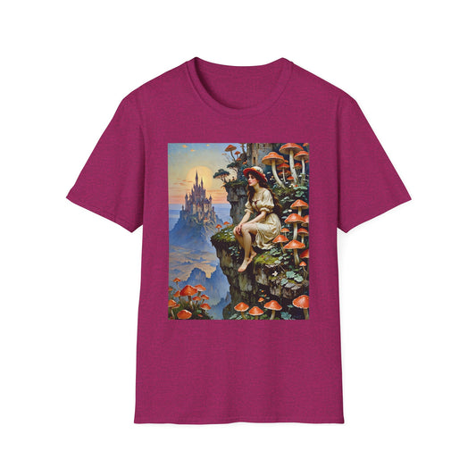 Fantasy Mushroom Fairy T-Shirt Enchanted Castle Cliffside Tee Surreal Magic Art Shirt Gift for Fantasy Fans Gift for Dreamers Psychedelic Nature Tee