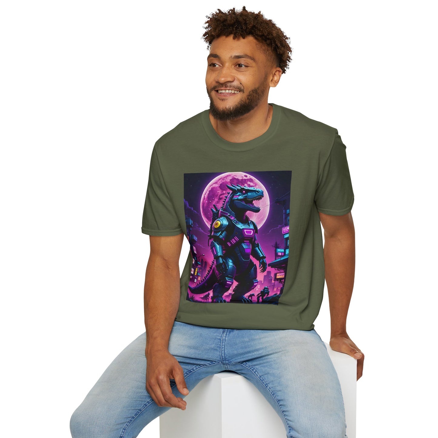 Cyberpunk Dinosaur T Shirt Neon Retro Graphic Tee Futuristic Monster Artwork Top Gift for Sci Fi Fans