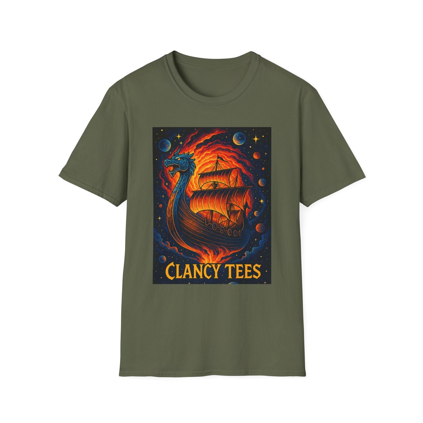 Viking Ship Dragon Shirt – Trippy Norse Mythology Tee with Fiery Cosmic Art – Bold Fantasy Graphic – Gift for Myth Lovers and Warrior Souls