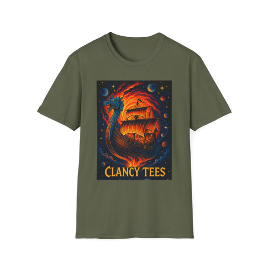 Viking Ship Dragon Shirt – Trippy Norse Mythology Tee with Fiery Cosmic Art – Bold Fantasy Graphic – Gift for Myth Lovers and Warrior Souls