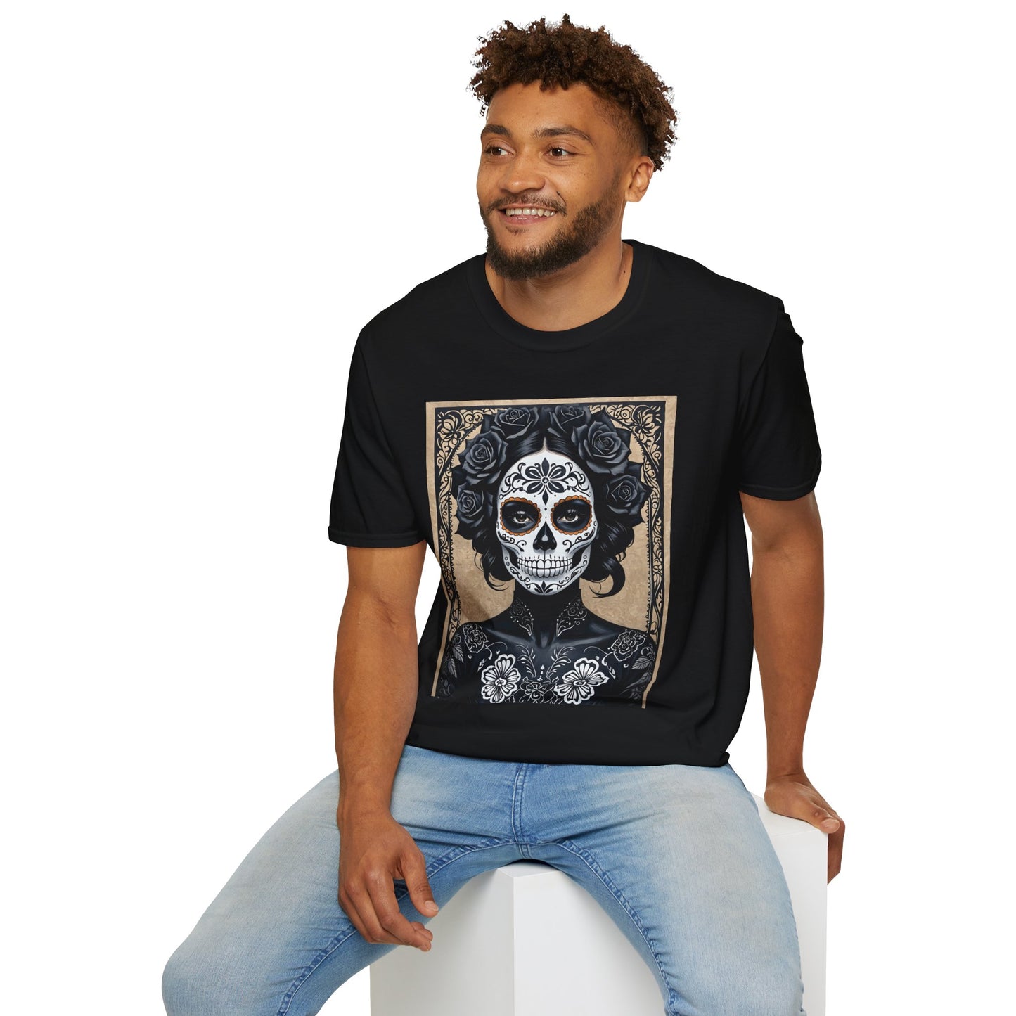 Black Floral Skull Tattoo Shirt – Gothic Día de los Muertos Tee – Gift for Skull Collectors, Tattoo Fans, and Alt Aesthetic Enthusiasts