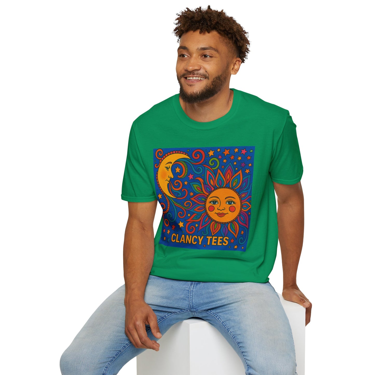 Sun and Moon Vibrant Tee, Unisex Softstyle T-Shirt for Summer Vibes, Boho Fashion, Gift for Her, Festival Wear, Casual Wear