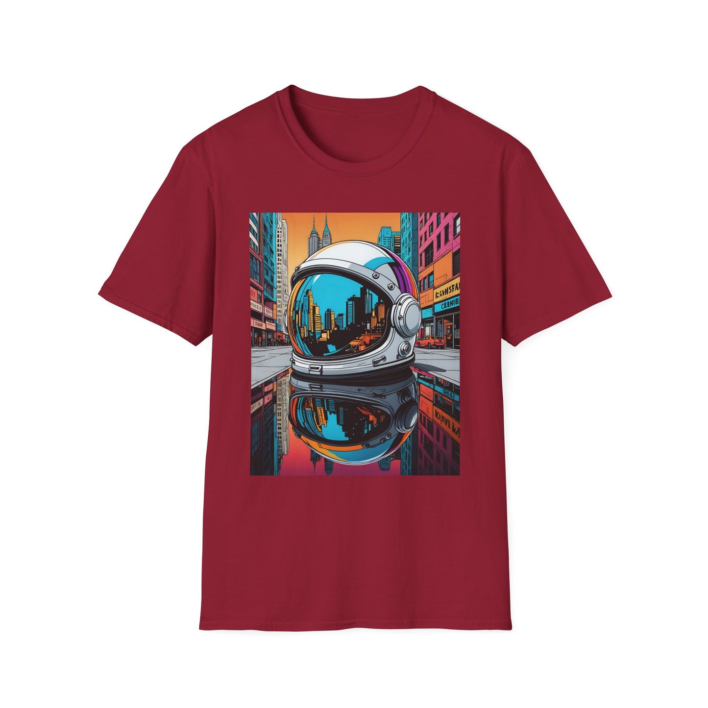 City Astronaut Reflection T-Shirt – Urban Space Art Tee – Gift for Sci-Fi Fans, Streetwear Addicts, and Cosmic Daydreamers