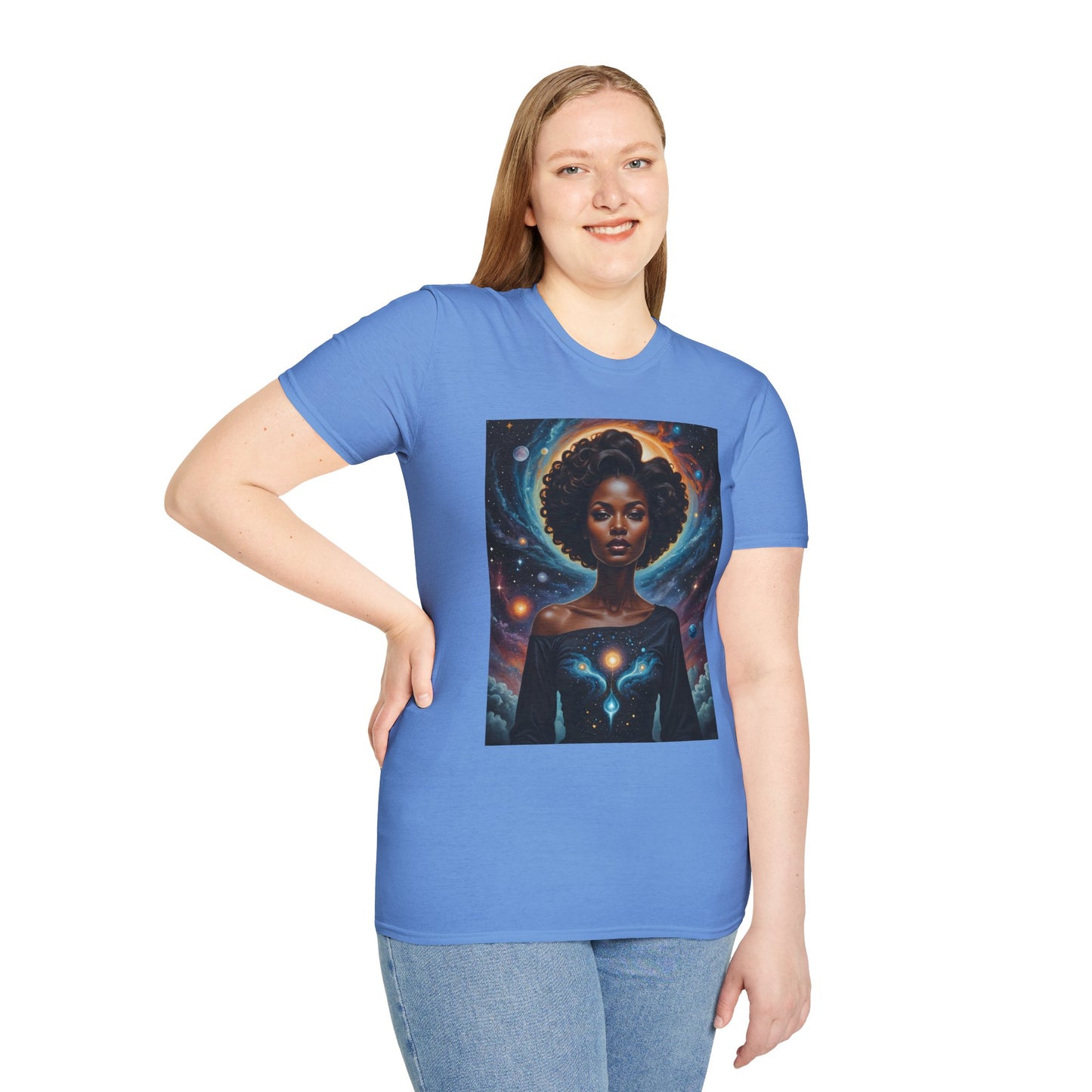Afrofuturist Cosmic Energy T-Shirt – Celestial Power Graphic Tee, Spiritual Galaxy Shirt, Gift for Astrology Fans, Vibrant Universe Artwork