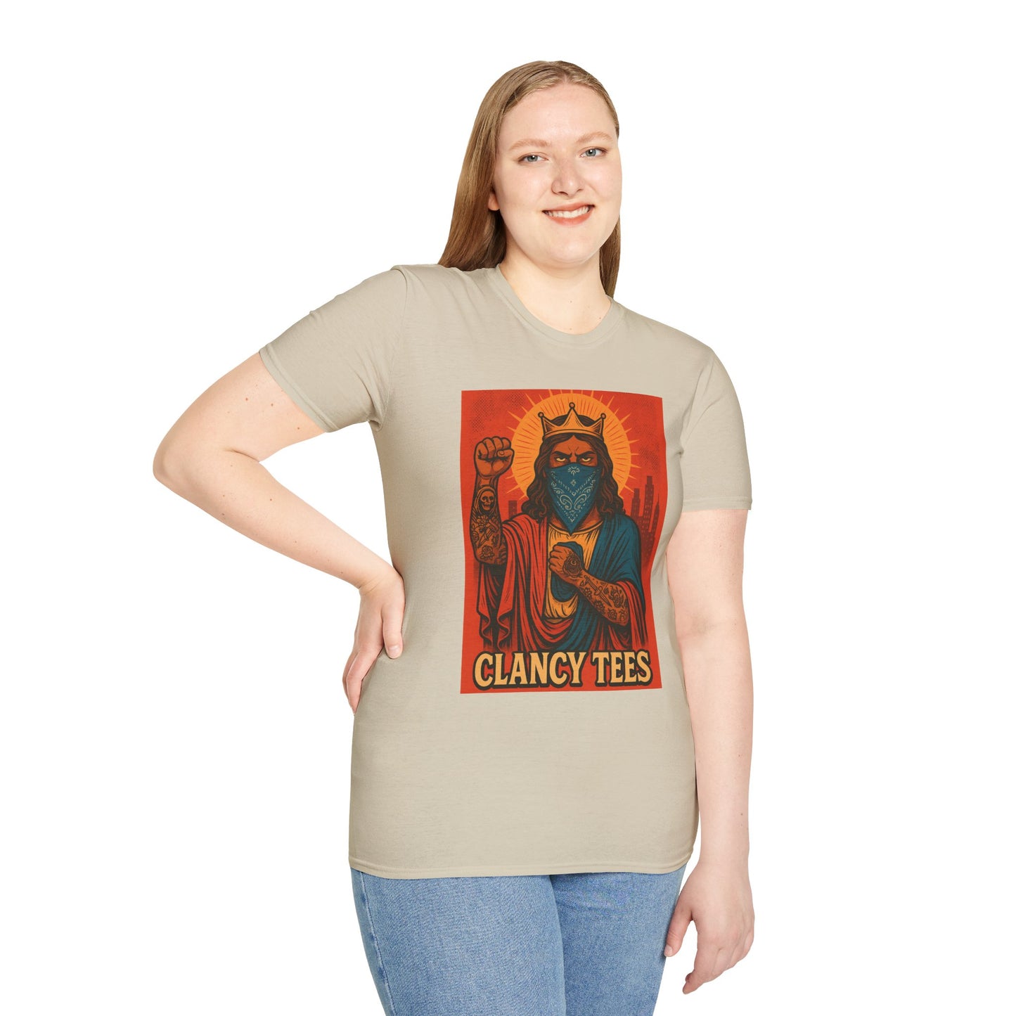 Tattooed Jesus Street Art Shirt – Clancy Tees | Urban Messiah Graphic Tee | Bold Religious Satire Shirt | King of the Block Tee