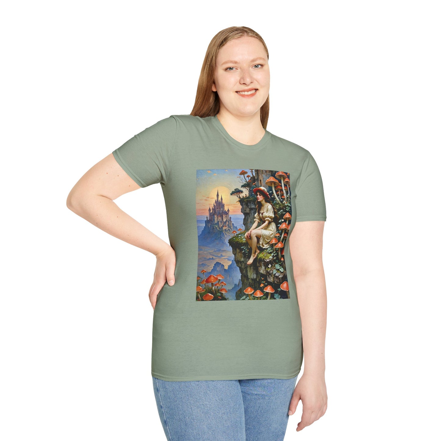 Fantasy Mushroom Fairy T-Shirt Enchanted Castle Cliffside Tee Surreal Magic Art Shirt Gift for Fantasy Fans Gift for Dreamers Psychedelic Nature Tee
