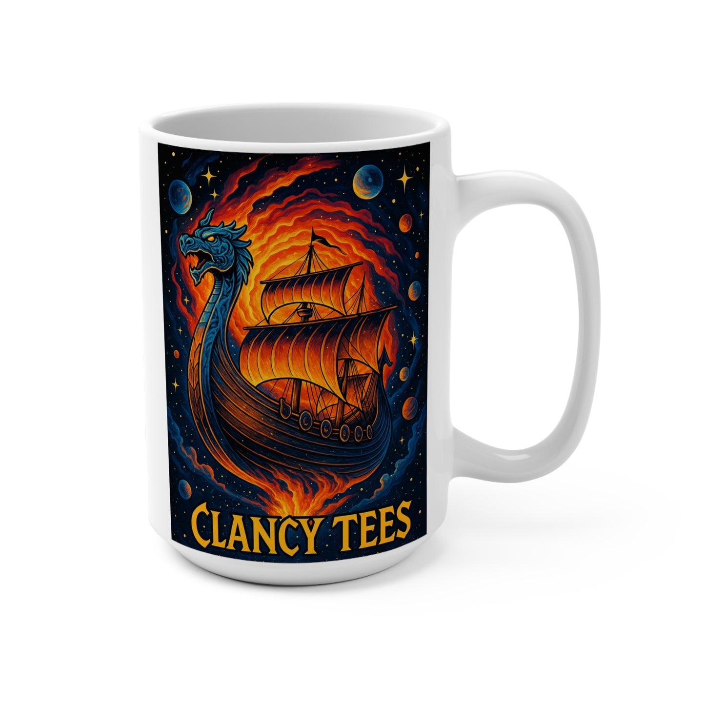 Viking Dragon Ship Coffee Mug – Mythical 15oz Ceramic Cup, Norse Longship Artwork, Gift for Fantasy and History Fans