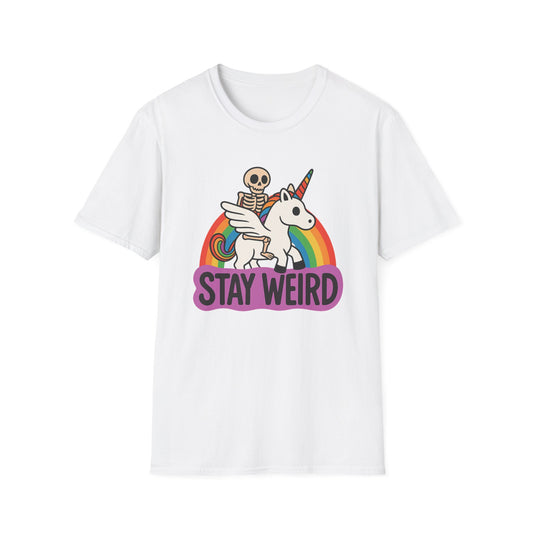 Stay Weird Skeleton Unicorn Shirt – Funny Rainbow Graphic Tee – Whimsical Weirdcore Clothing – Gift for Quirky Friends and Oddball Souls