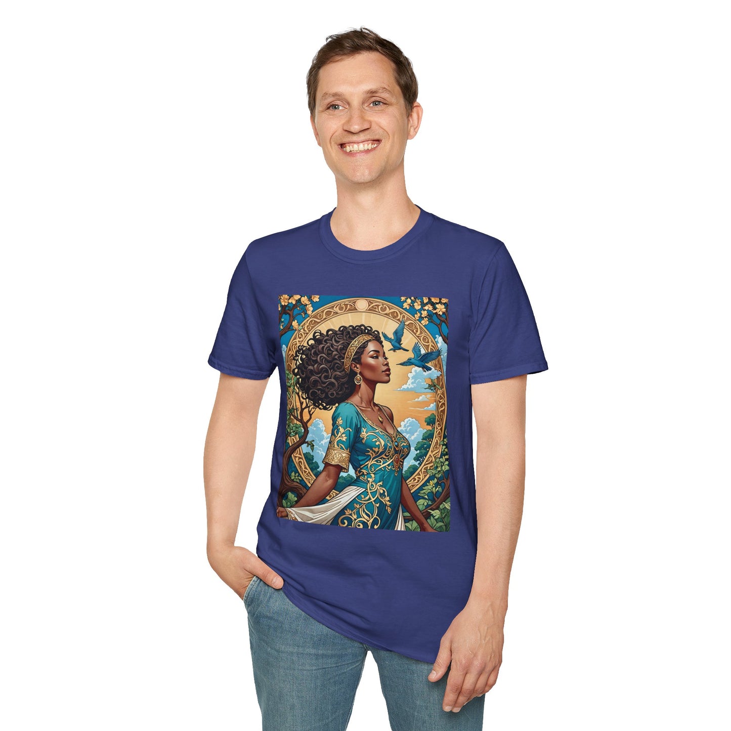 Bohemian Goddess T-Shirt, Unisex Softstyle Tee, Nature-Inspired Apparel, Gift for Women, Artistic Graphic Shirt, Eco-Friendly Fashion