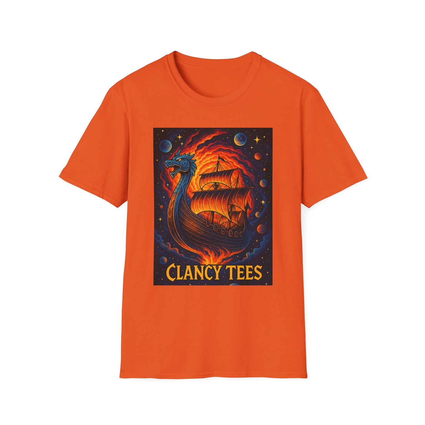 Viking Ship Dragon Shirt – Trippy Norse Mythology Tee with Fiery Cosmic Art – Bold Fantasy Graphic – Gift for Myth Lovers and Warrior Souls