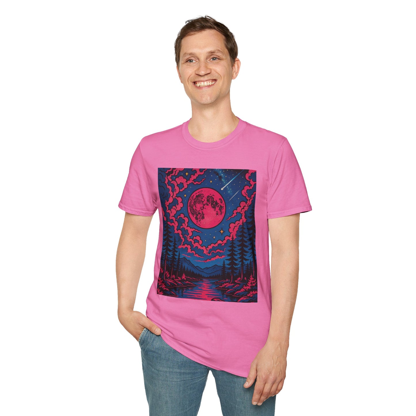 Trippy Red Moon Forest T-Shirt – Surreal Nature Graphic Tee • Psychedelic Night Sky Shirt • Gildan Softstyle® Unisex • Gift for Nature Lovers