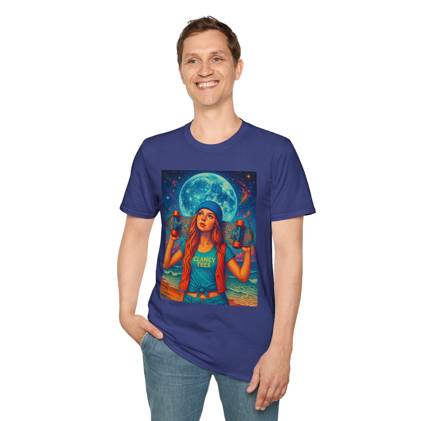 Bohemian Skater Girl Graphic Tee, Unisex T-Shirt with Moon & Nature Design, Perfect for Festivals, Gift for Nature Lovers, Summer Vibes, Casual Wear