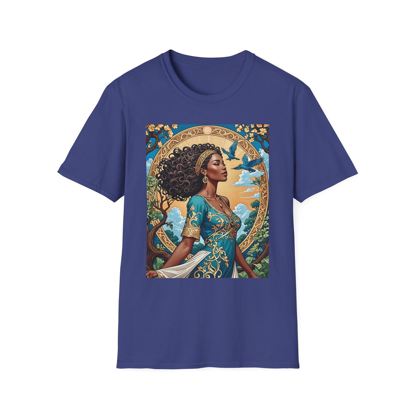 Bohemian Goddess T-Shirt, Unisex Softstyle Tee, Nature-Inspired Apparel, Gift for Women, Artistic Graphic Shirt, Eco-Friendly Fashion