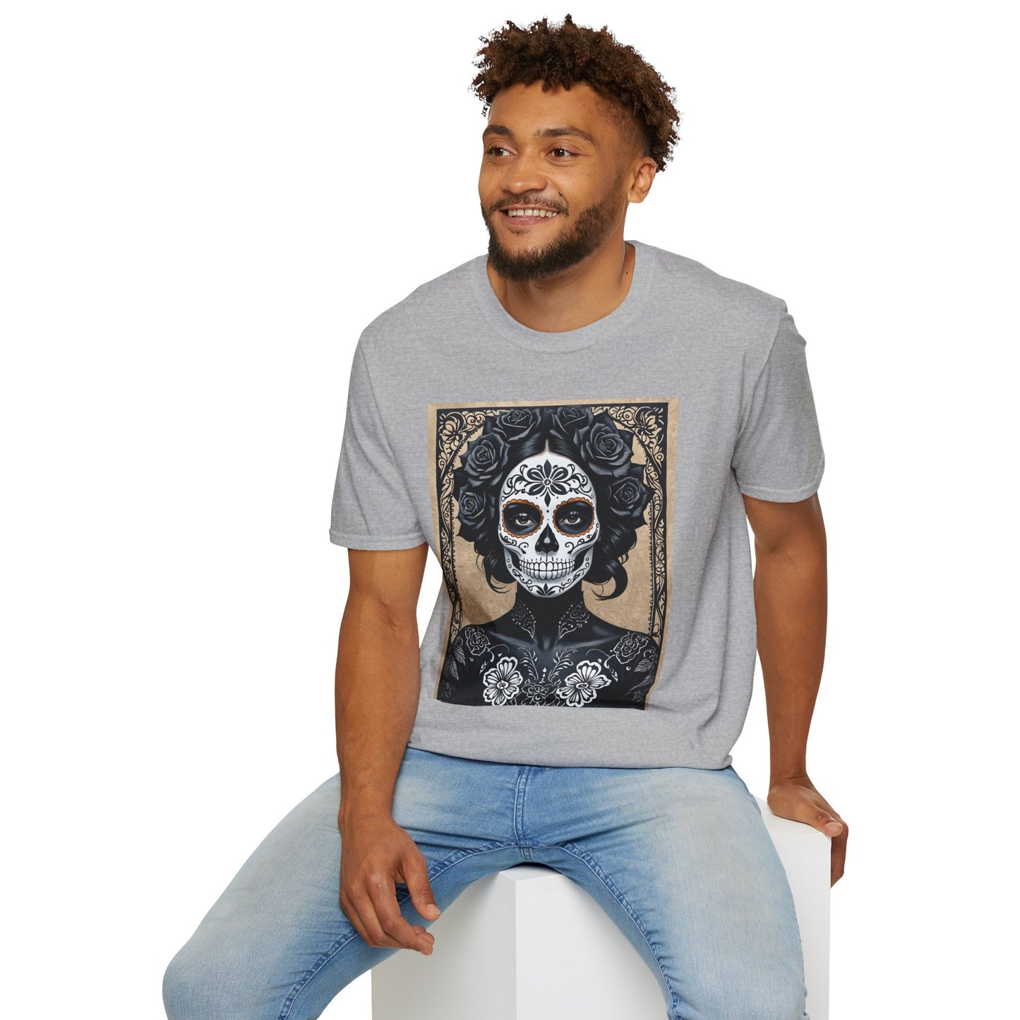 Black Floral Skull Tattoo Shirt – Gothic Día de los Muertos Tee – Gift for Skull Collectors, Tattoo Fans, and Alt Aesthetic Enthusiasts