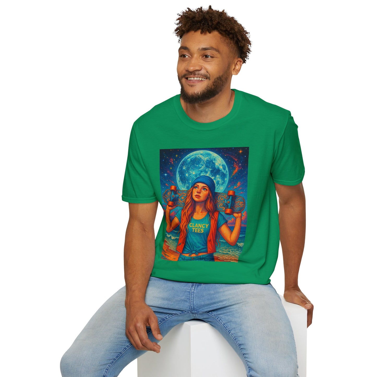 Bohemian Skater Girl Graphic Tee, Unisex T-Shirt with Moon & Nature Design, Perfect for Festivals, Gift for Nature Lovers, Summer Vibes, Casual Wear