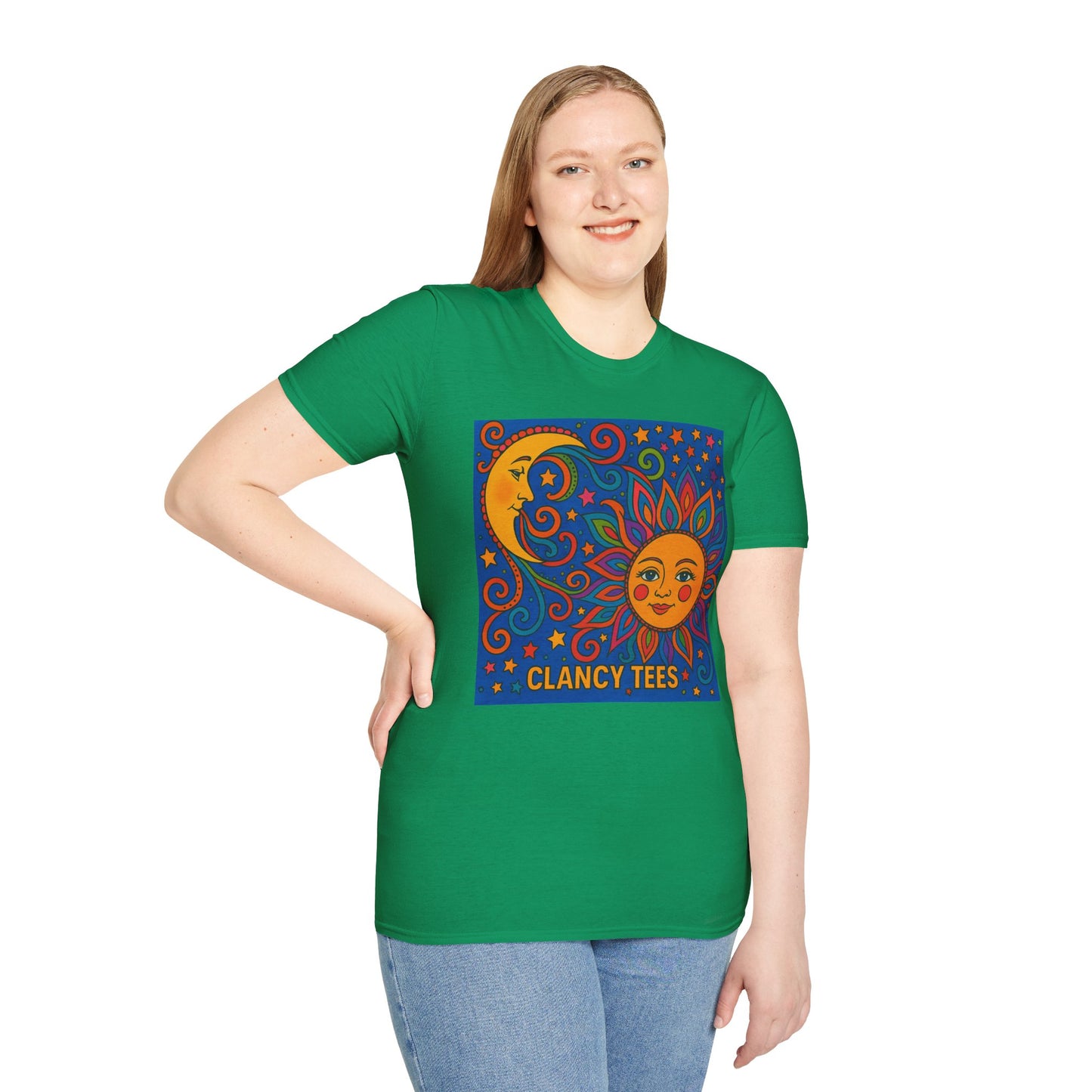 Sun and Moon Vibrant Tee, Unisex Softstyle T-Shirt for Summer Vibes, Boho Fashion, Gift for Her, Festival Wear, Casual Wear