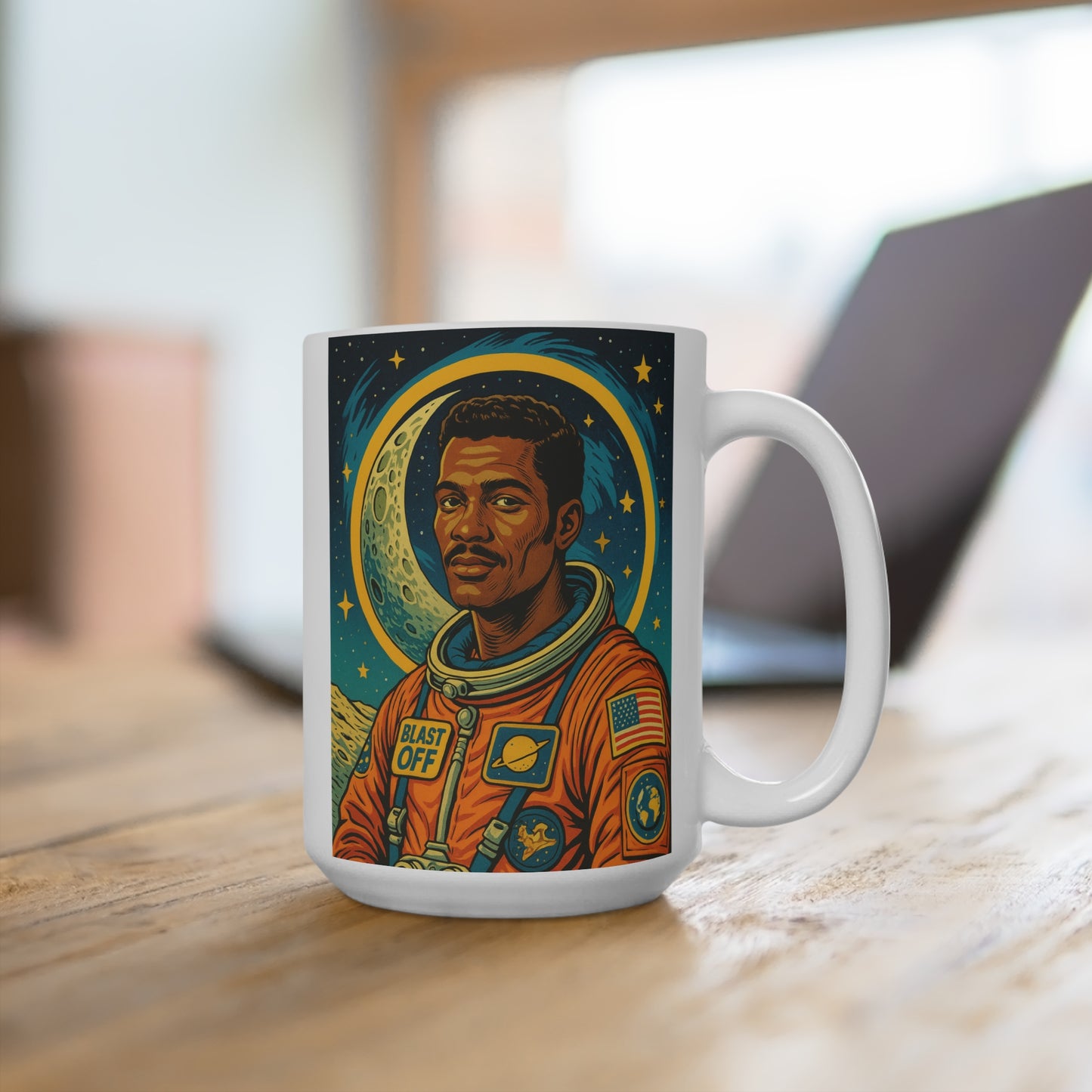Blast Off Astronaut Mug – Retro Space Explorer Coffee Cup With Cosmic Moon Design, Outer Space Drinkware, Gift for Sci Fi Fans