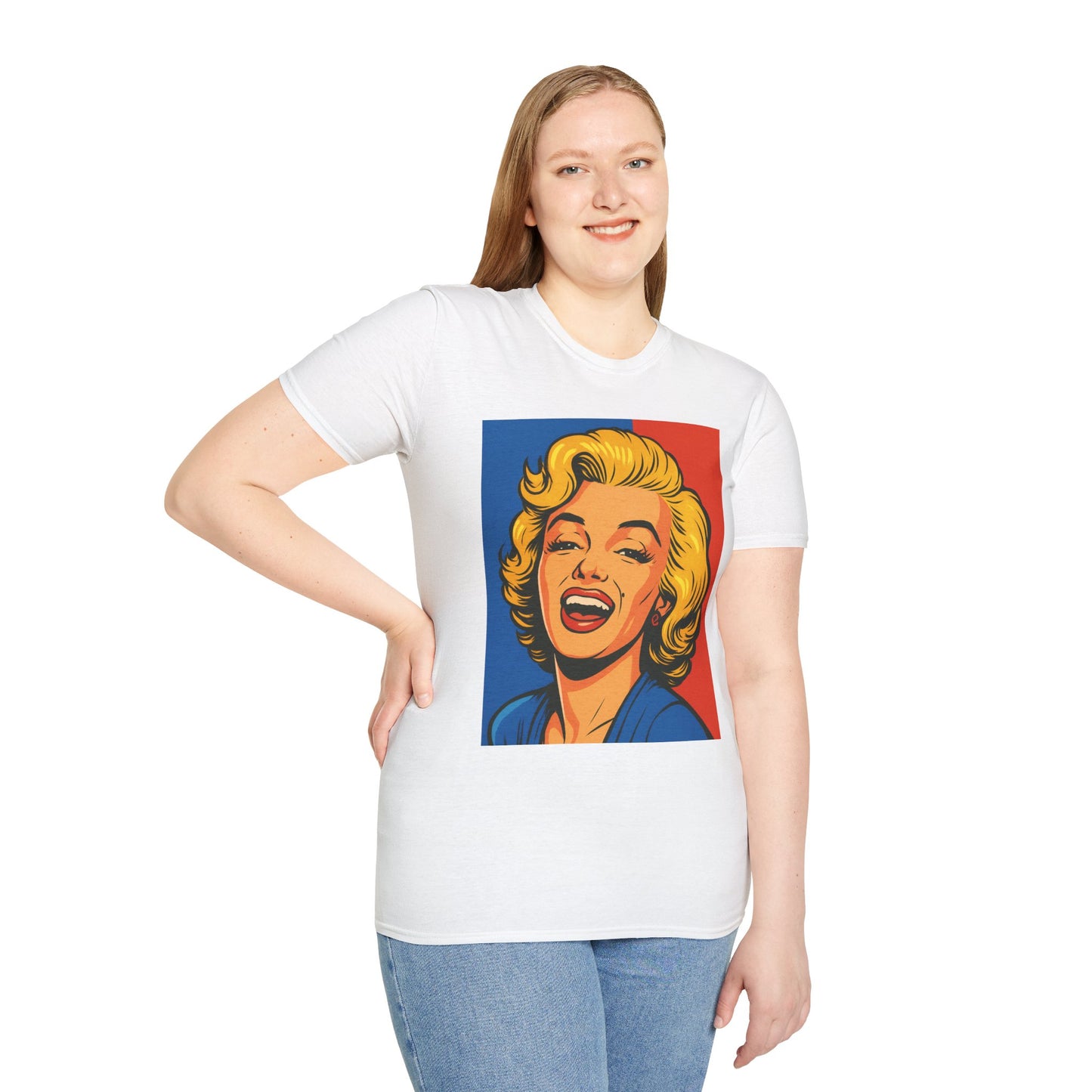 Retro Blonde Bombshell T-Shirt – Pop Art Style Graphic Tee – Gift for Classic Movie Fans, Vintage Aesthetic Lovers, and Bold Fashion Enthusiasts
