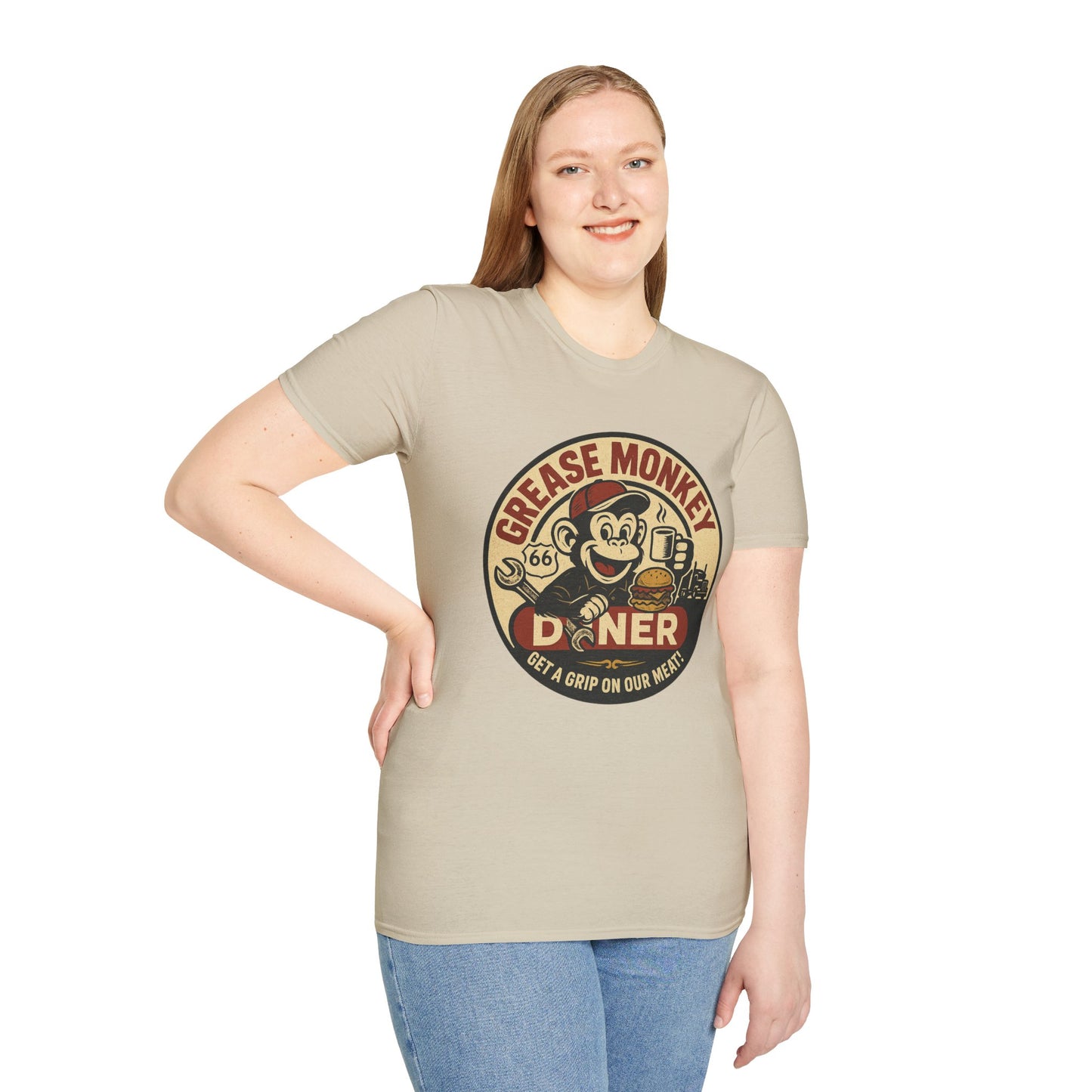 Grease Monkey Diner T-Shirt – Retro Mechanic Mascot Tee – Funny Vintage Roadside Shirt Gift for Car Guys, Grill Masters, and Route 66 Road Trip Fans